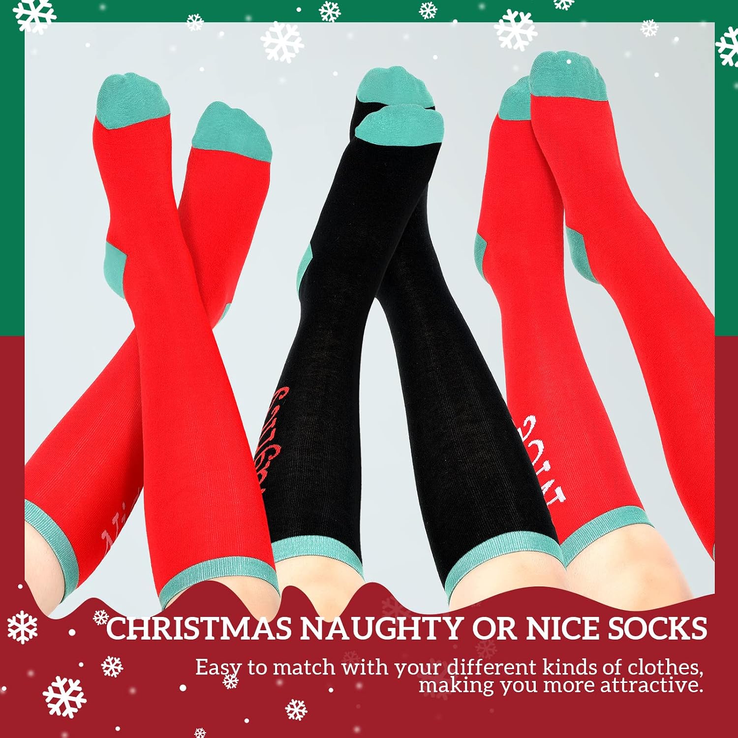 Tarpop 12 Pairs Christmas Naughty or Nice Knee High Socks Black Naughty and Red Nice Unisex Stocking Holiday New Year Xmas High Long Socks for Adults Men and Women