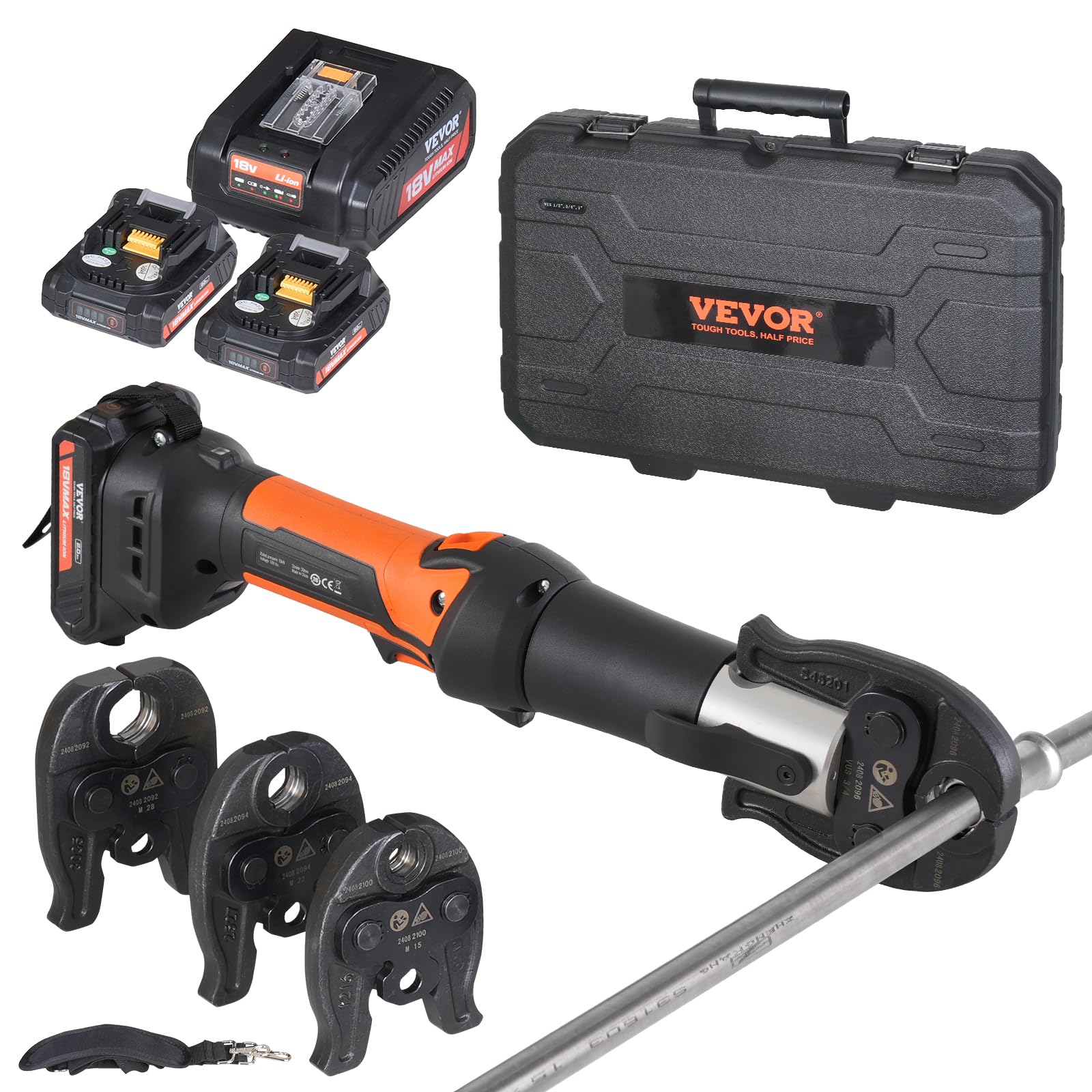 VEVOR Kit di Utensili per Pressatura e Batteria, Utensile Elettrico per Crimpatura di Tubi con Ganasce M15, M22, M28, Pressatura con 2 Batterie 20 V 2,0 Ah, Caricabatterie Rapido e Custodia Trasporto