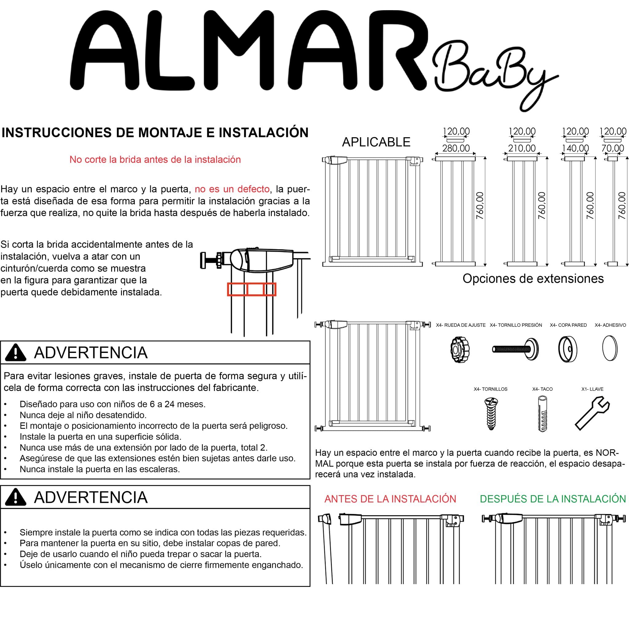 ALMAR Baby Barrera de Seguridad 67-74cm Blanco | Facil Montaje sin Tornillos para Puertas, Pasillos o Escalera para Niños o Mascotas | Valla Blanca con Sitema de Cierre Automático Giro Ambos Lados
