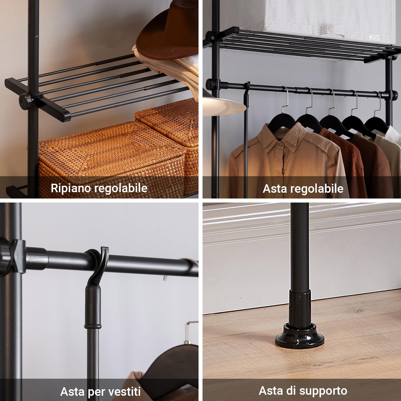 Appendiabiti Aperto Con 5 Ripiani E 2 Barre Regolabili - Stand Per Corridoio, Camera Da Letto, Soggiorno, 114x44x195 Cm, Nero - Foto 7