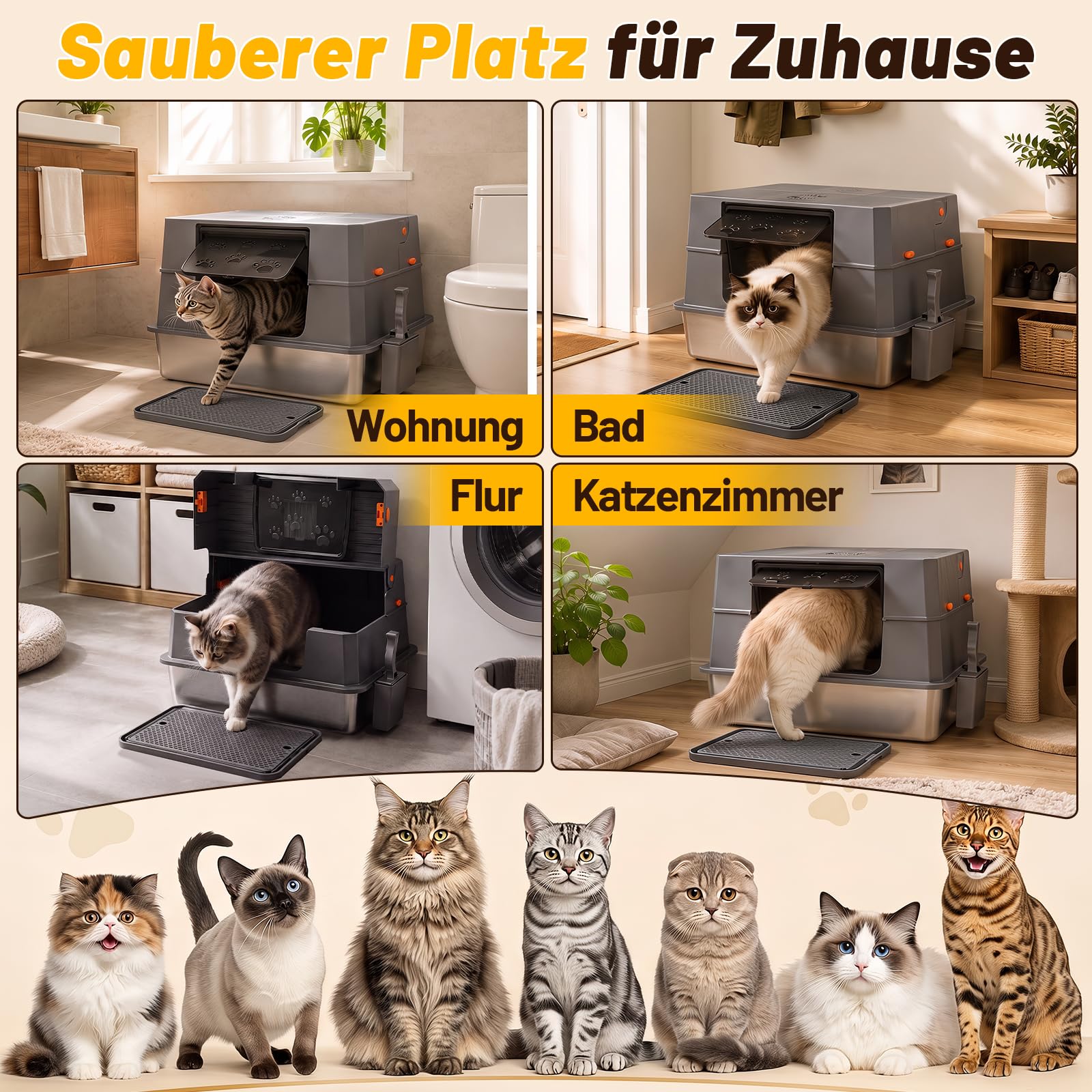 XXXL Edelstahl Katzentoilette mit Klapphaube,72.8 x 51 x 43 cm