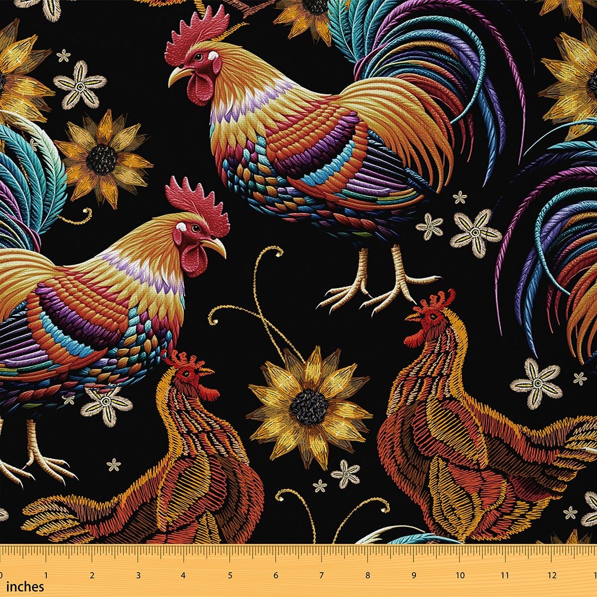 jejeloiu Chicken Print Fabric by The Yard,Farm Animals Upholstery Fabric for Chairs Sofa Couch, Botanial Sunflower Outdoor Fabric Waterproof, 1 Yard,