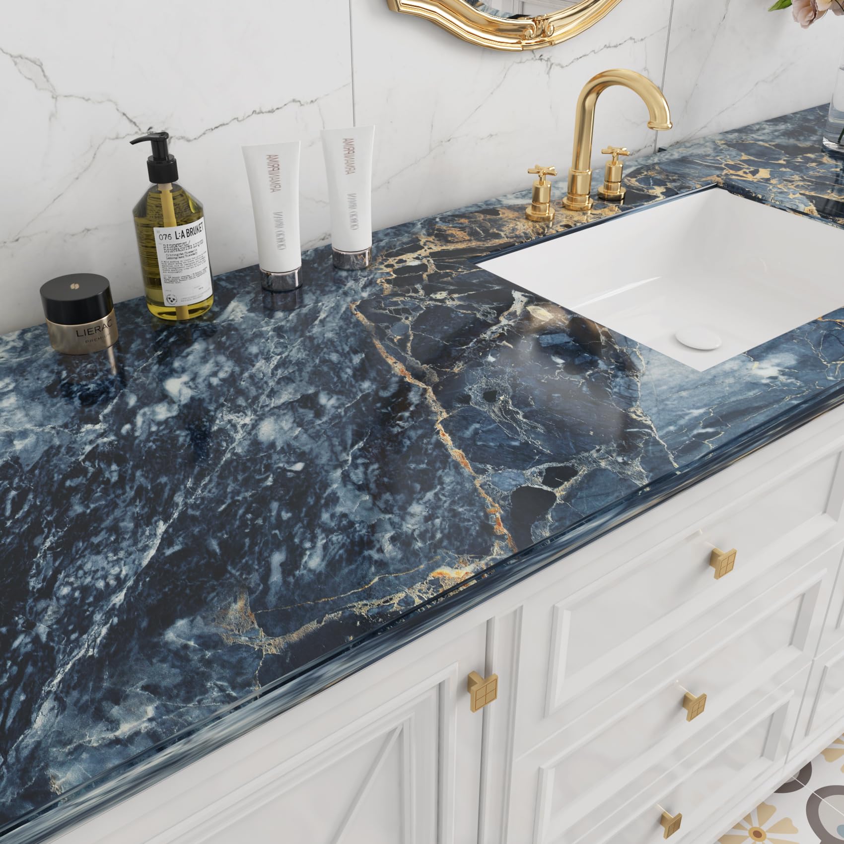 LACHEERY Carta da parati in vinile color blu scuro e oro, 400 x 91 cm di larghezza, adatta per affittuari, piano di lavoro della cucina, stacca e attacca, impermeabile, in vinile, per controsoffitti