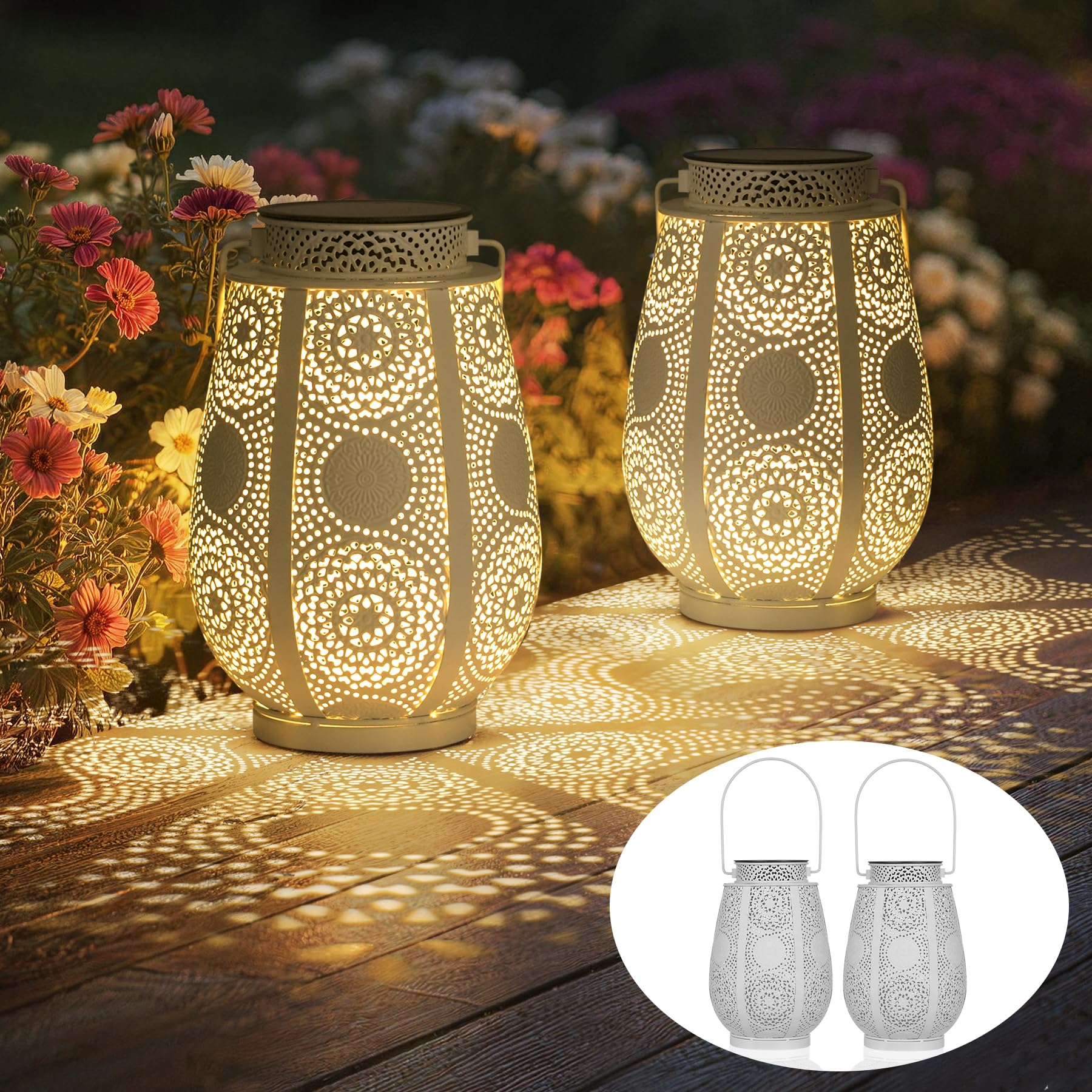 2 Stück Solarlampen für Außen Garten Vintage, IP65 Wetterfest Solarlaterne für Außen Hängend Metal, Rostfrei Solar Laternen mit Haken für Aussen Terrasse Veranda, Geschenk für Frauen Mama Oma(Weiß)