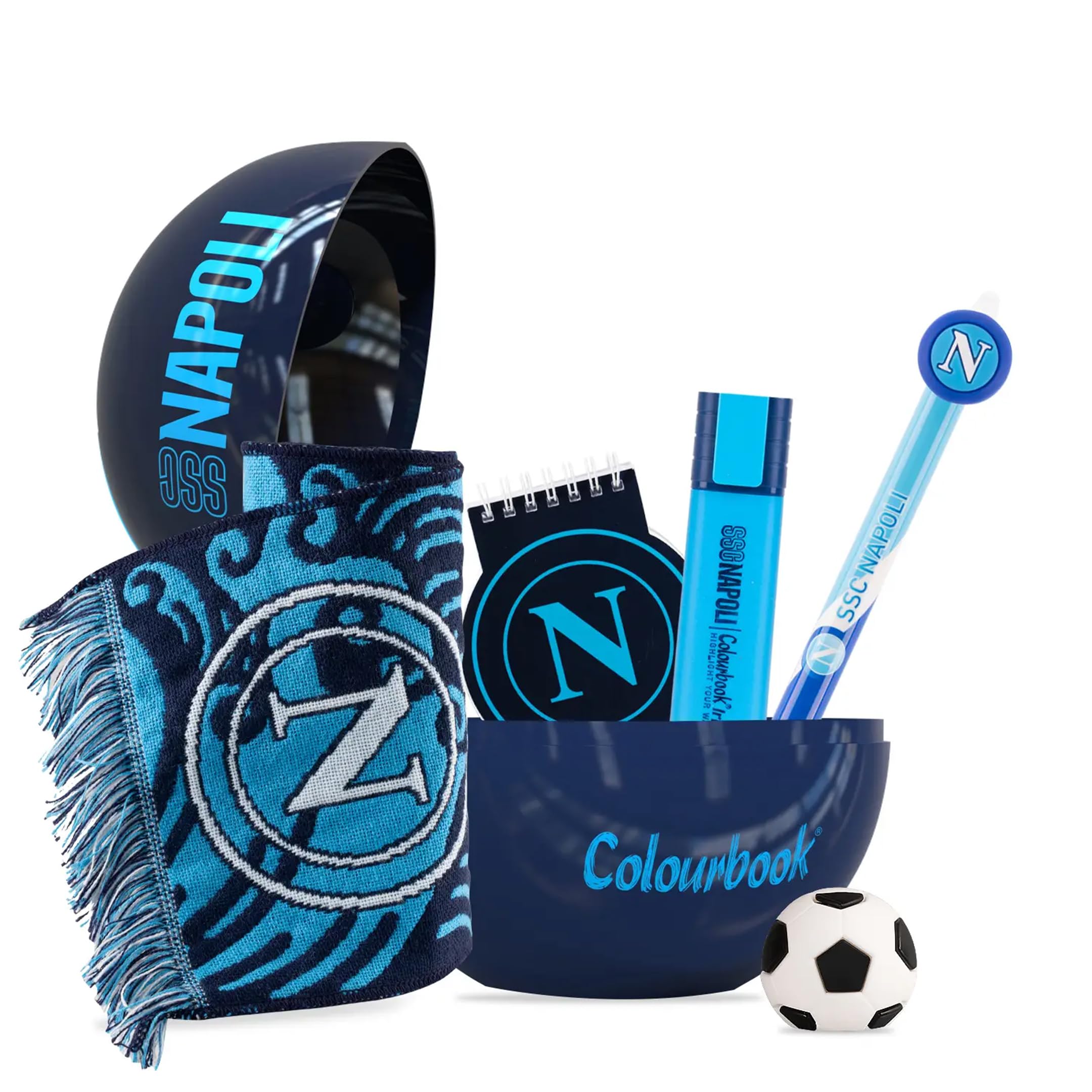 Colourbook Napoli - FanBall Box Sorpresa Cancelleria, Prodotti Ufficiali SSC Napoli, Include Evidenziatore, Block Notes, Temperino, Penna a Scatto, Sciarpa Ufficiale, (Blu Navy)