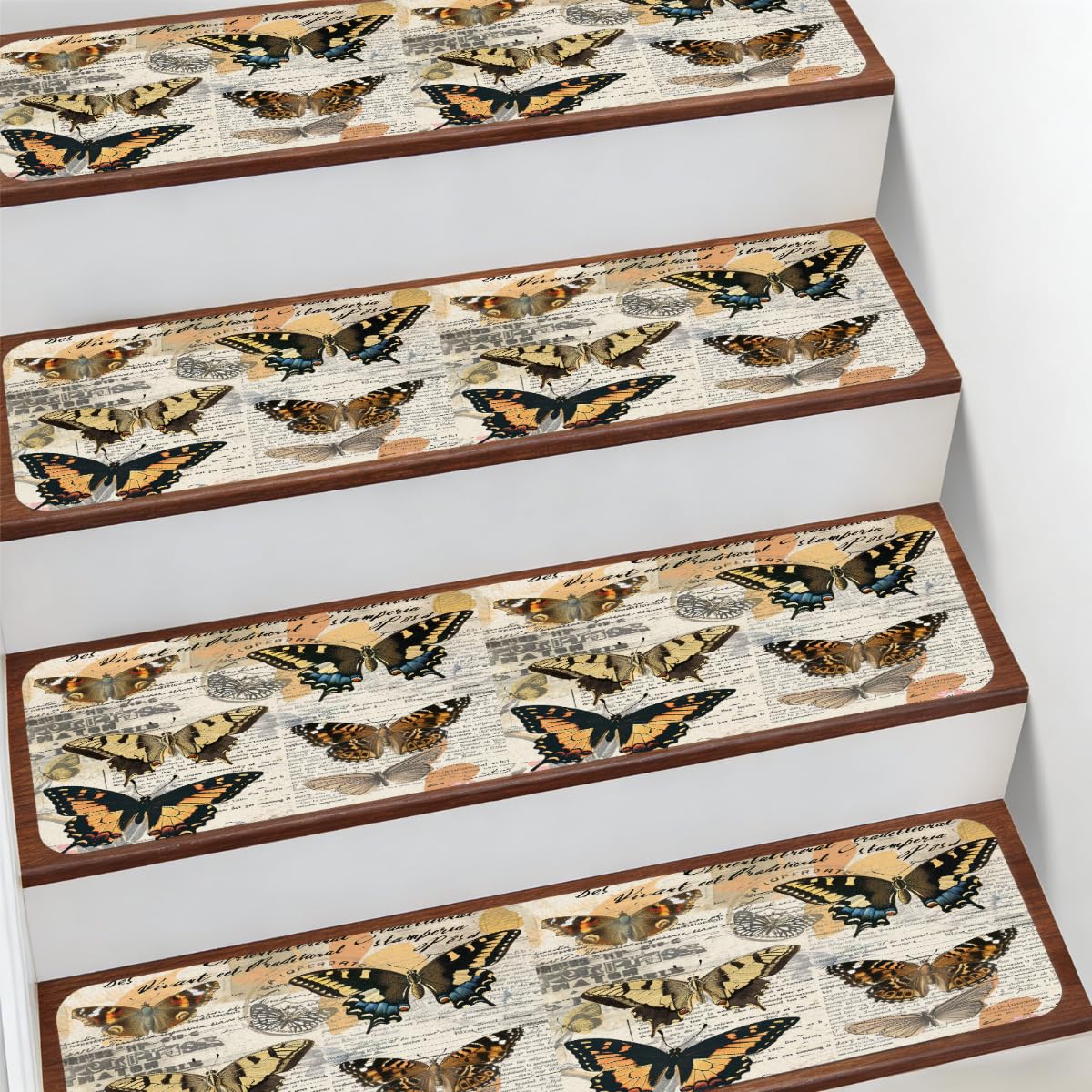 Evita resbalones en casa con alfombras para peldaños de escalera vintage de flores y mariposas