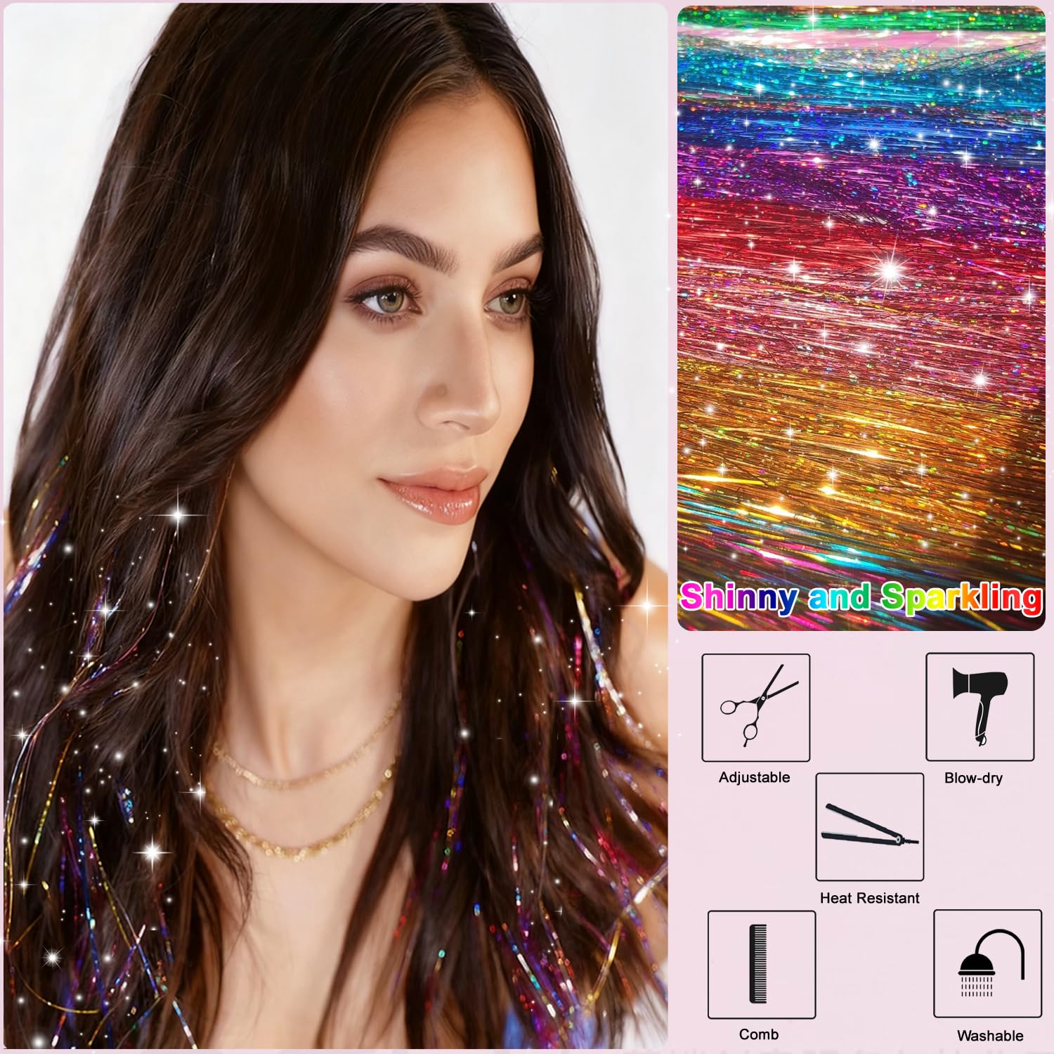 24 Colors Hair Tinsel Kit, 48 Inch 8600 Strands Glitter Tinsel Hair Extensions Heat Resistant Sparkling Colored Hair Tensile Kit, Fairy Hair Accessories for Women Party Festival (24 Colors)