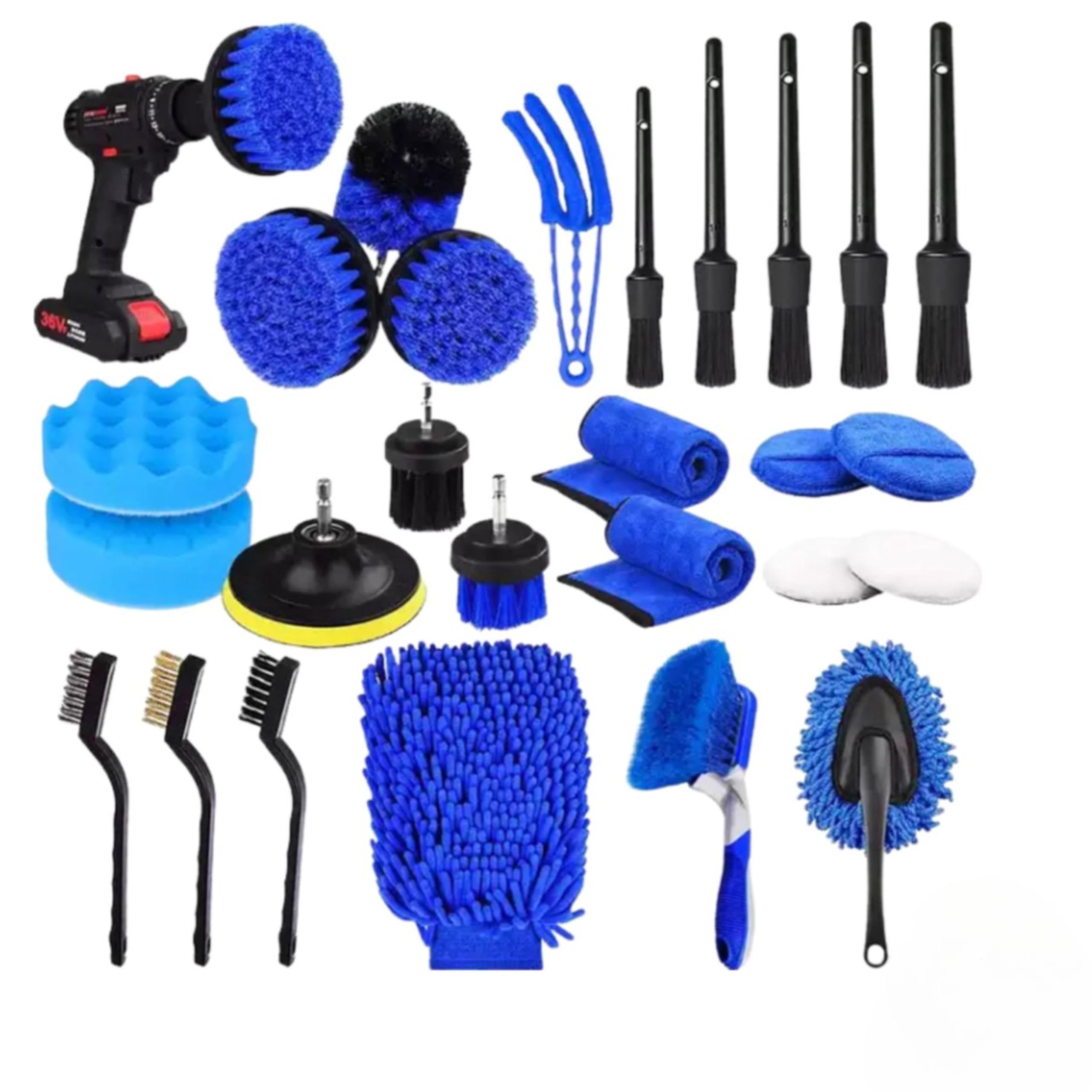 Proshiner - 26 piezas CarBrush Kit - Kit de cepillo de coche - Productos de pulido de coches - Kit de limpieza de coche- Auto Wax - Pulido - microfibra - Detalle del coche - Kit de limpieza de coches