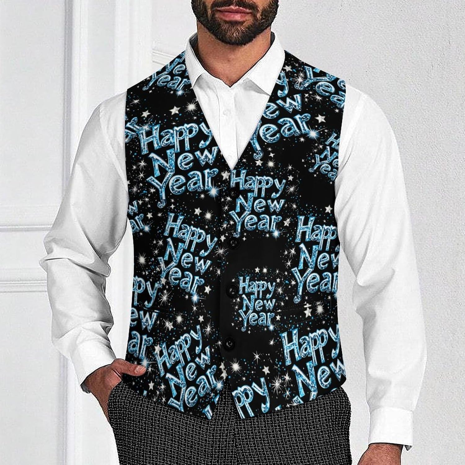 Happy New Year Shiny Blue Snowflakes Suit Vest for Men Casual Business Tuxedo Slim Fit Suit Vests Lightweight Waistcoat