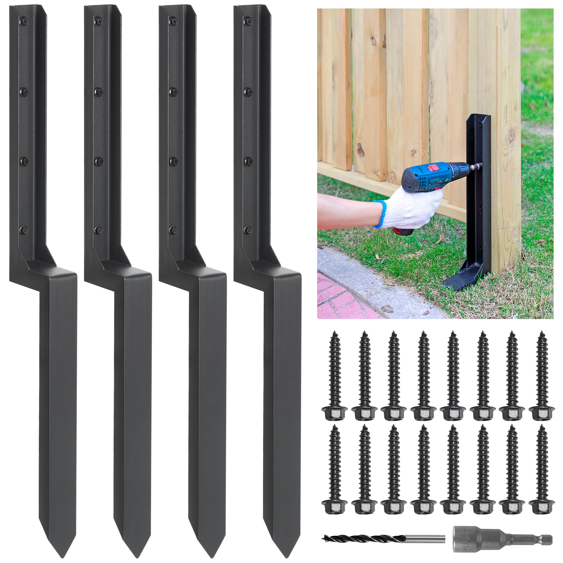 Epcee Heavy Duty Steel Fence Post Repair Stakes, Fence Post Anchor Ground Spike, for Repair Tilted/Broken Wood Fence Post (4 Pack/Black