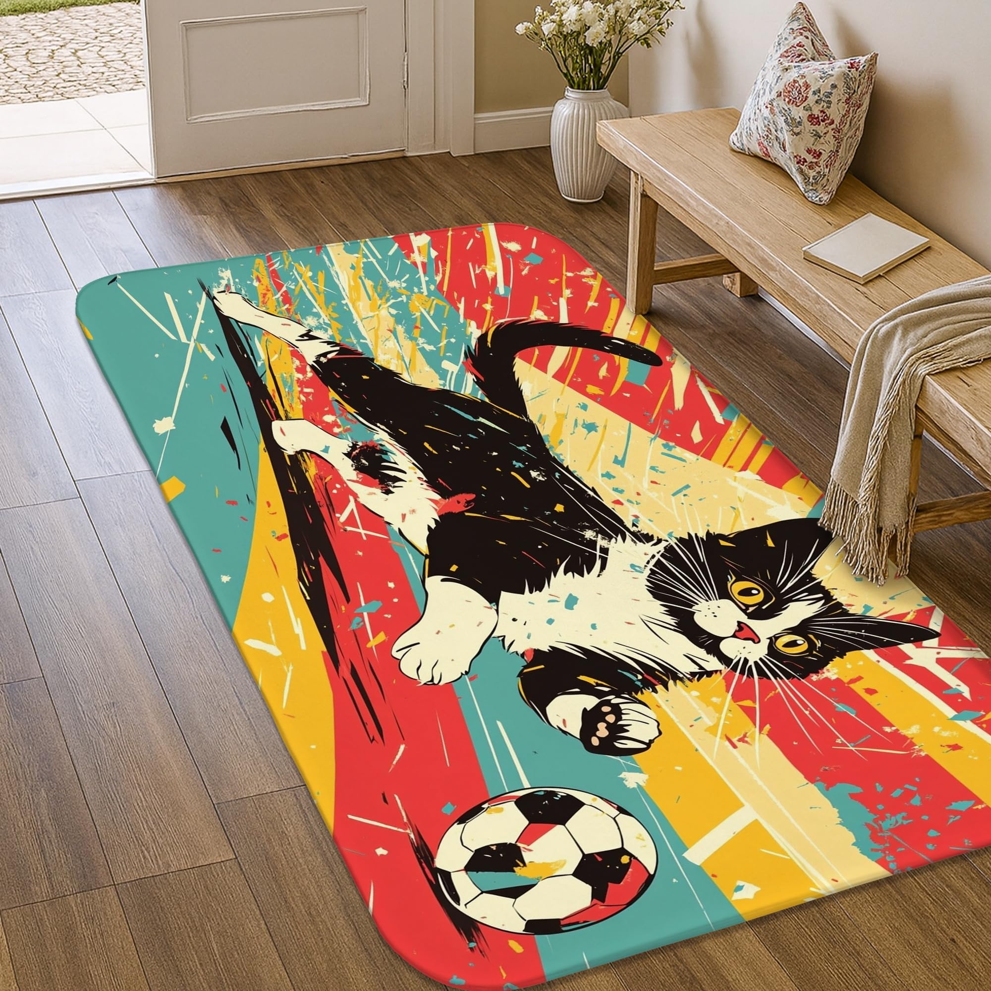 Tapis chat en éponge 0,9x1,5m style football moderne et ludique sans perte de poils