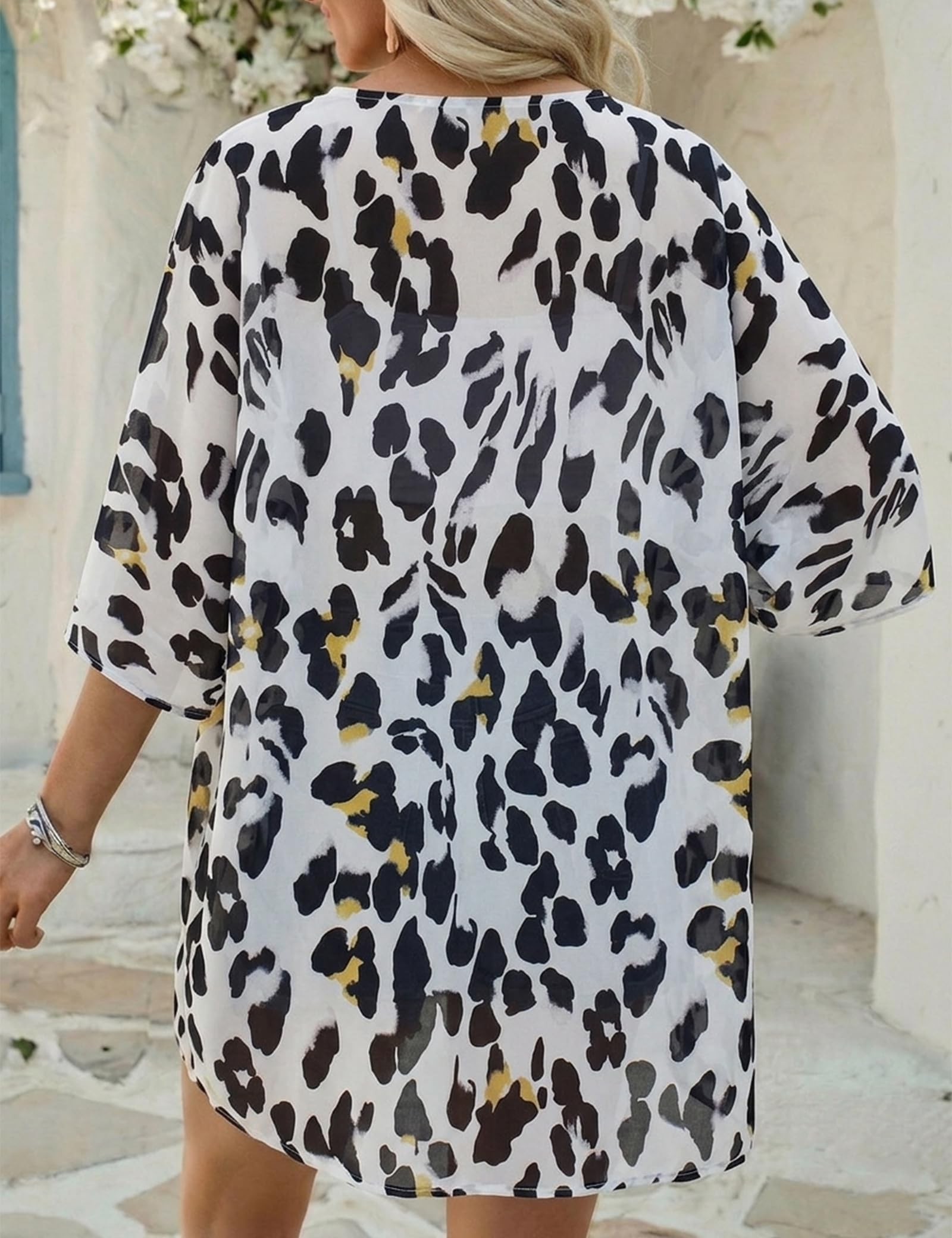 Chunoy Damski lekki kwiatowy nadruk szyfonowy luźny kardigan kimono peleryny odzież plażowa okrycie bluzka top, Lampart śnieżny, XL