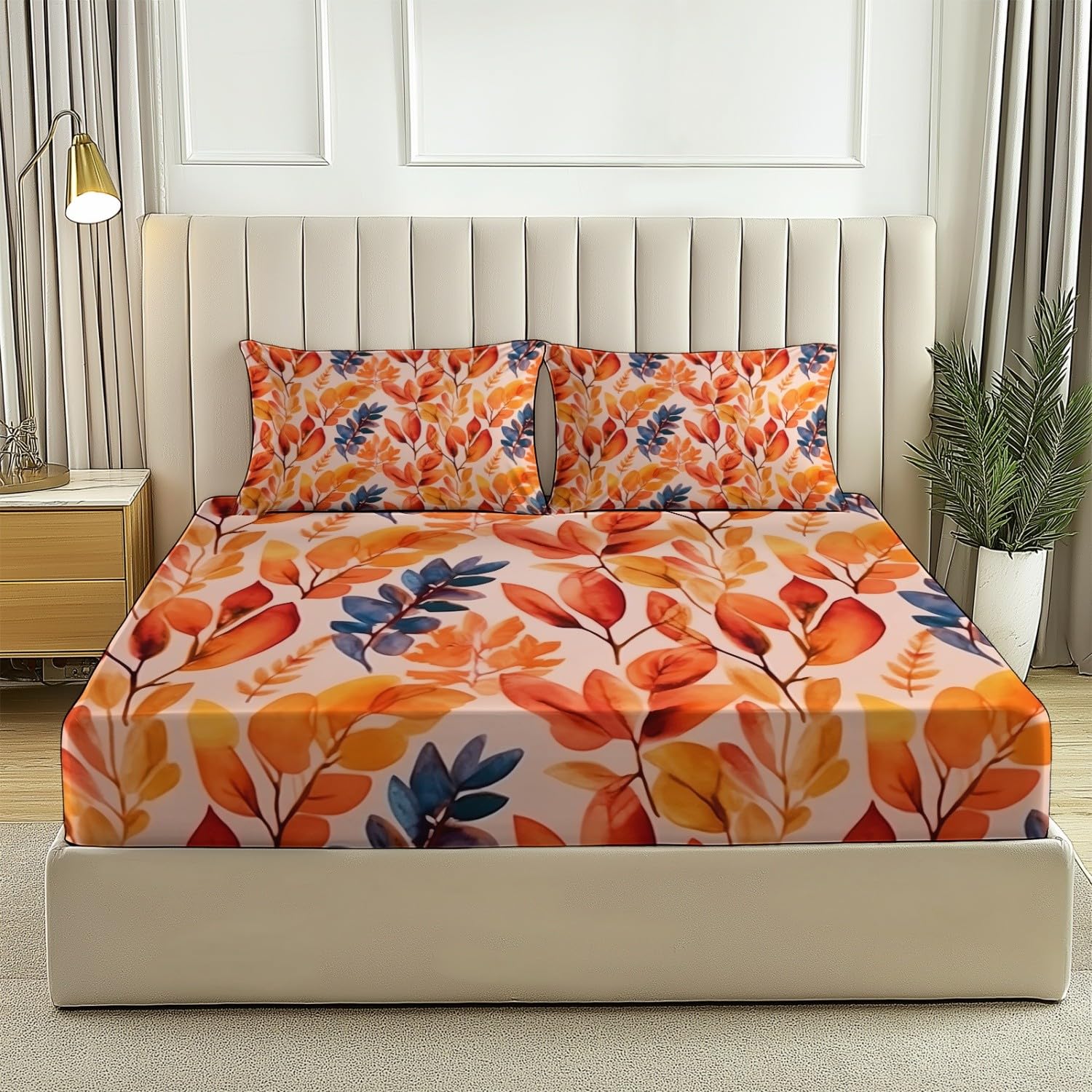 Drap Housse Bohème Aquarelle Feuilles d'automne Imprimer, 140 x 190 cm Résistance à la Déchirure Drap-Housse avec Poche 30 cm de Profondeur, Couleur Orange Ensembles de literie pour Dortoirs Hôtels