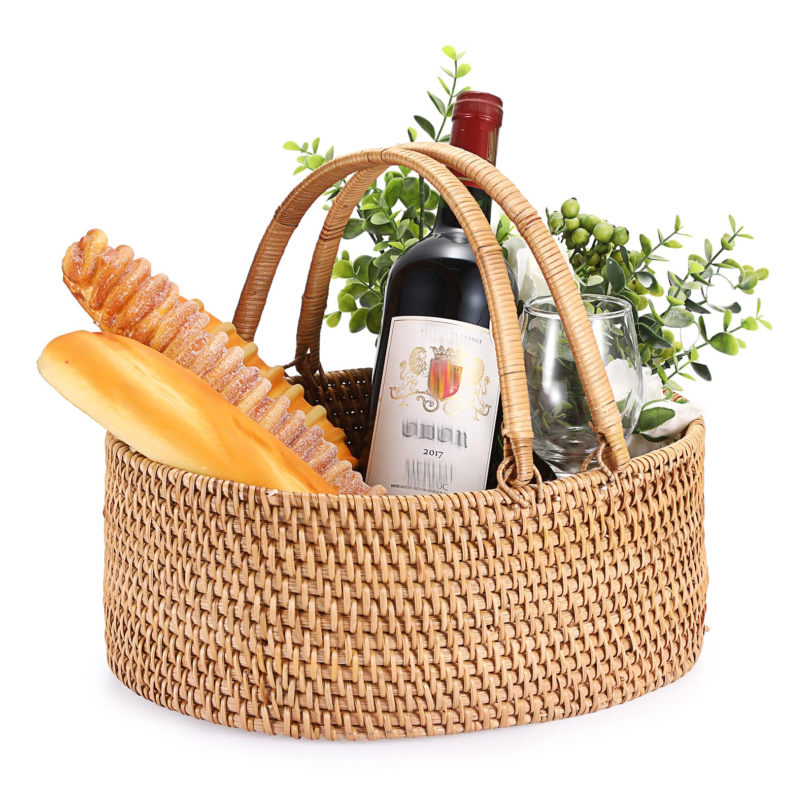 IGNPION Wicker Picnic Baskets with Handles Rattan Shopping Basket, Oval Kitchen Fruit Basket, Woven Gardening Basket, Decorative Serving Baskets for Bread, Gift,Egg, Towels, Camping