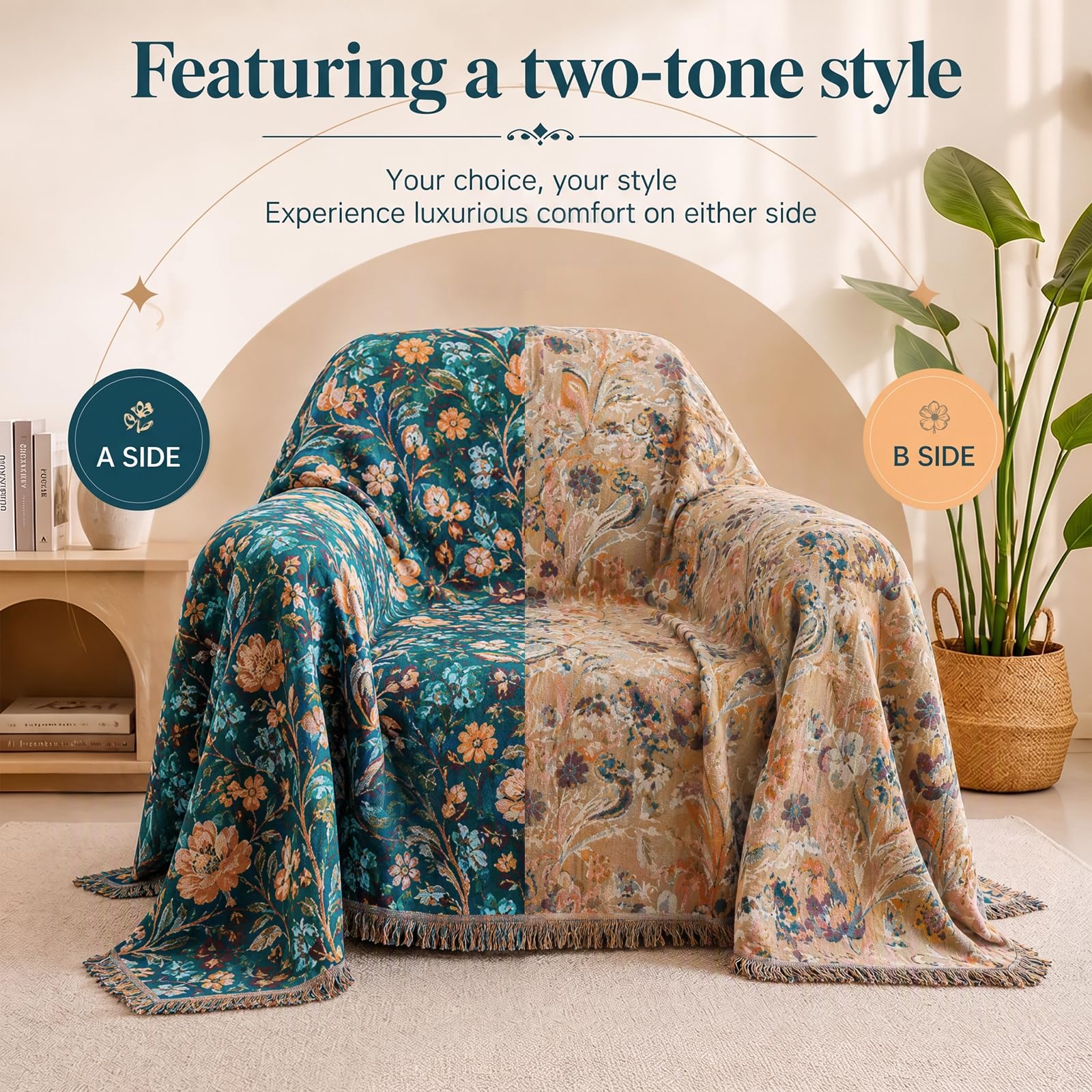 Manta de muselina de 200 x 230 cm, 100% algodón, jacquard bohemio, con flecos, diseño floral, manta de muselina para adultos como manta de sofá y colcha para sofá y cama