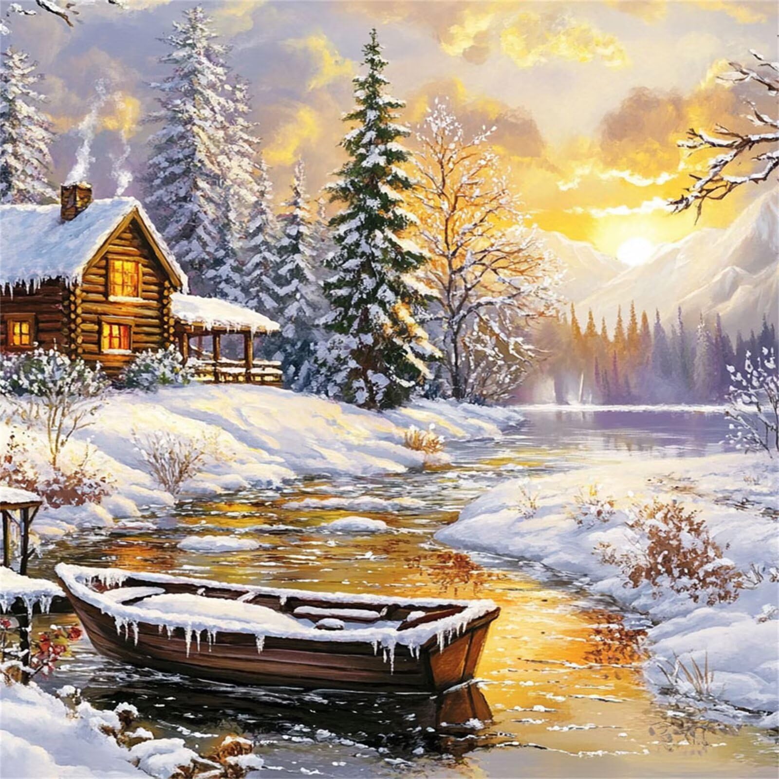 Broderie Diamant Kit Complet 5D, Paysage Diamond Painting Adulte Plein Foret, Peinture Diamant pour Adulte Enfant Débutant, Loisirs Créatifs de Détente et Décoration Maison, Hiver 80x80cm FX#231