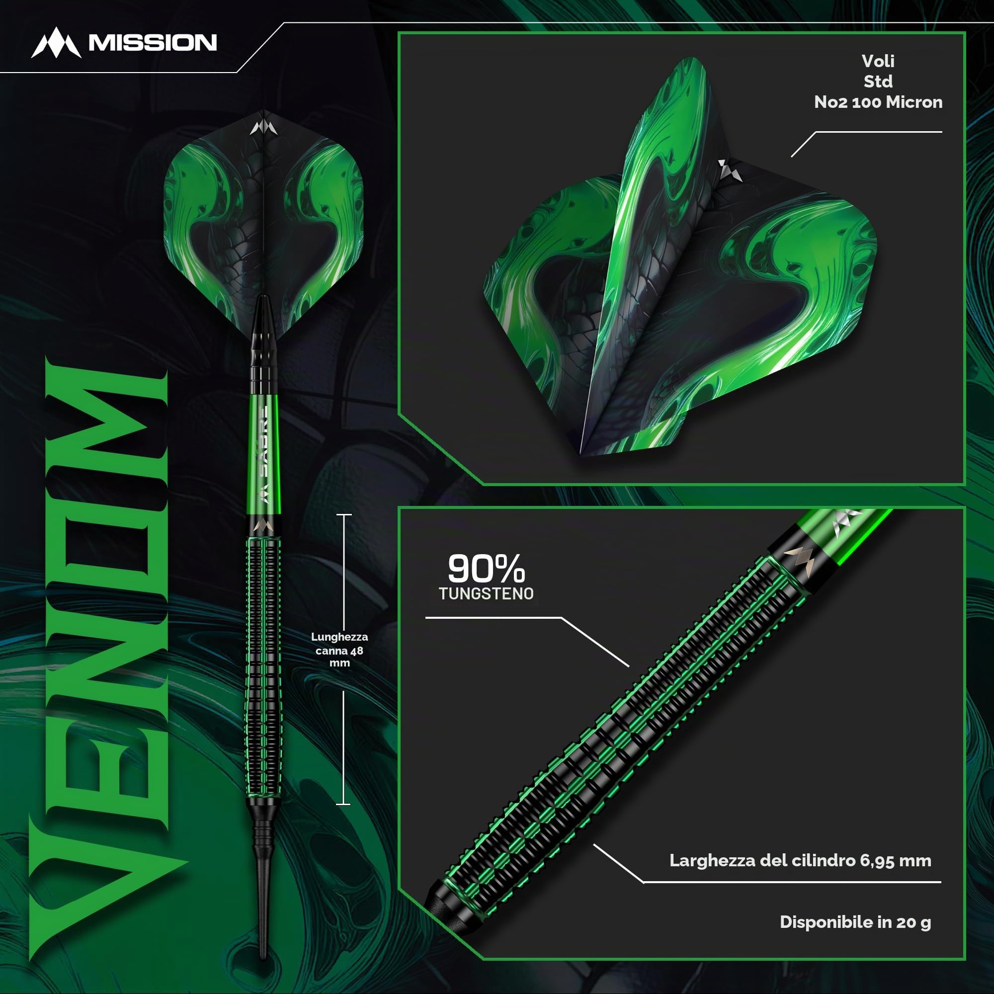 Mission Darts | Freccette Venom | Nero & Verde | Electro Plate | Set freccette punta morbida | 90% tungsteno | 20 g.
