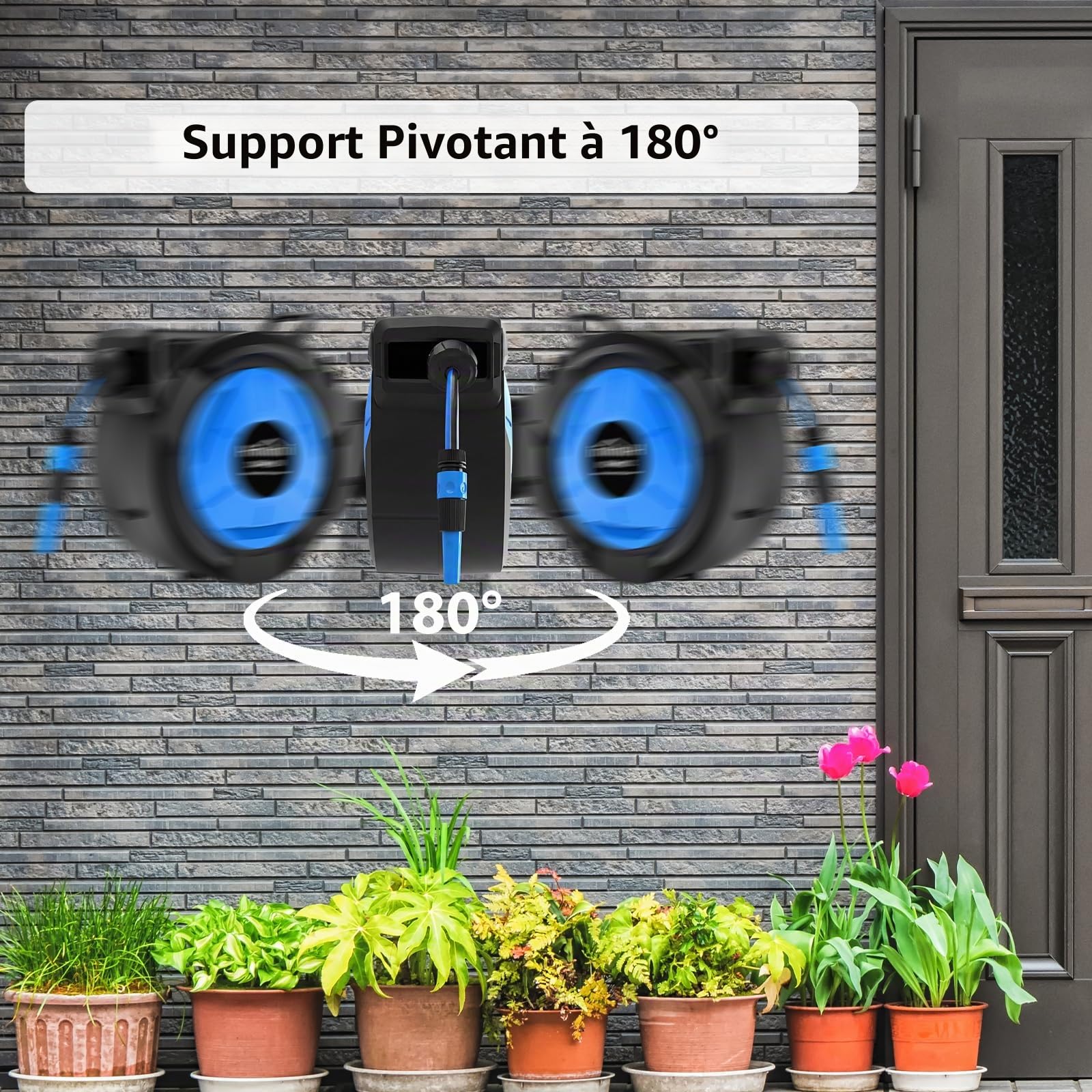 Himimi Enrouleur de Tuyau d’Arrosage Mural Rétractable 30 m + 2 m, Dévidoir Automatique 1/2 Pouce avec Rembobinage Lent, Verrouillage à Toute Longueur, Support Pivotant 180°, pour Jardin et Terrasse