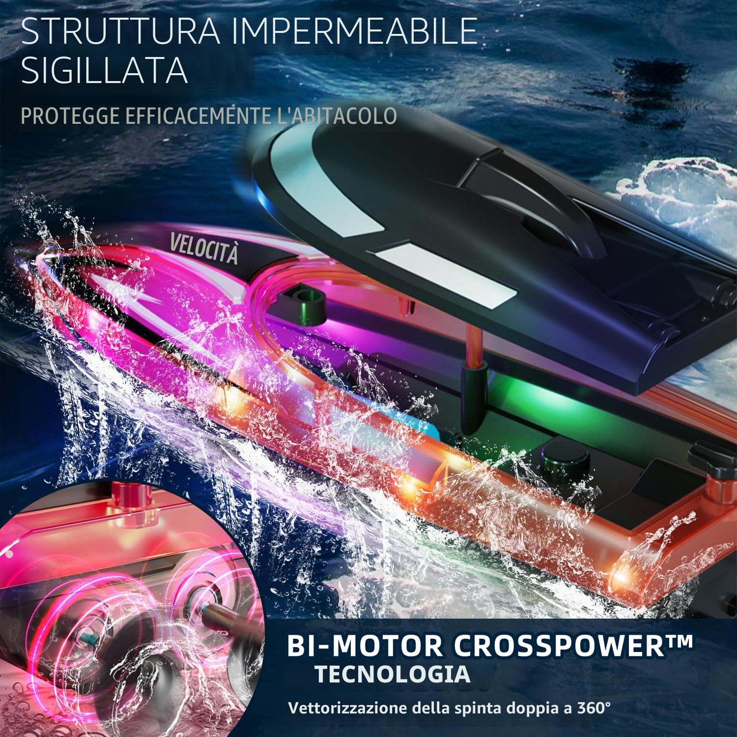 RoserRose Barca telecomandata, barca radiocomandata con illuminazione a LED, telecomando da 2,4 G, doppio motore, impermeabile e protezione contro il ribaltamento, per bambini, con 2 batterie per mari