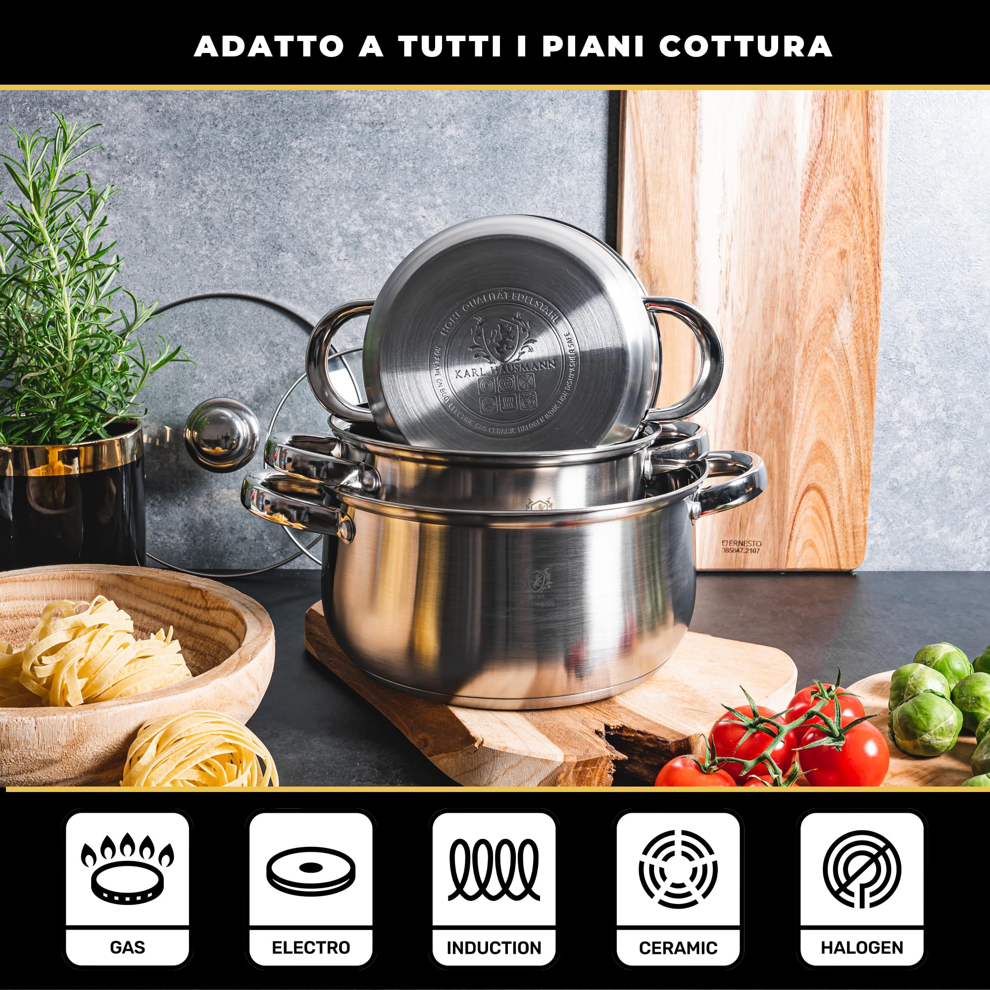 KARL HAUSMANN Set Pentole Acciaio Inox con Coperchi in Vetro - 3 Pentole, Adatte a Induzione, Fondo Multistrato per Cottura Uniforme, per Tutti i Piani Cottura, Lavabili in Lavastoviglie