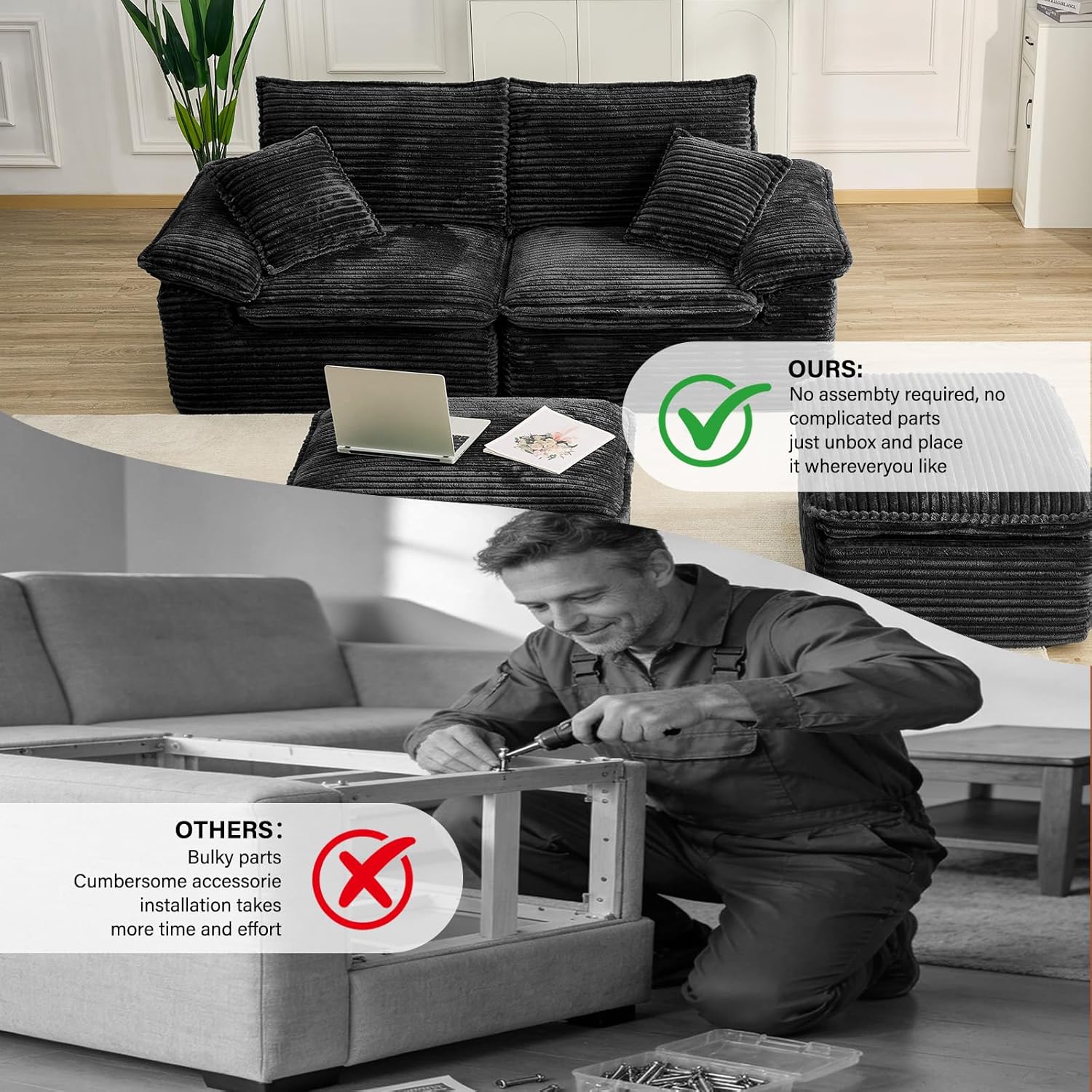 Compressed Sofa Bed,Sleeper Sofa with Deep Seat,Comfy Corduroy Fluffy Boneless Couch with Movable Ottoman,Cloud Couch for Small Place,No Assembly Required.（Loveseat,Black）