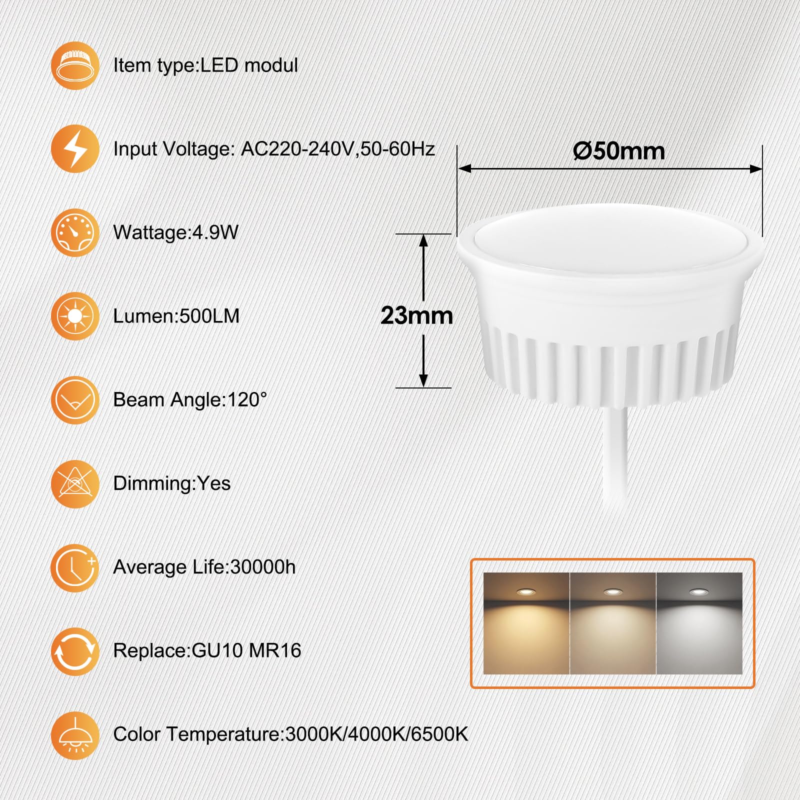 KYOTECH 10x Modulo LED Ultrapiatto ø50x23mm Dimmerabile 3CCT Bianco caldo 3000K Bianco naturale 4000K Bianco freddo 6500K Sostituzione per MR16 GU10,120°per faretti da incasso a soffitto plafoniere