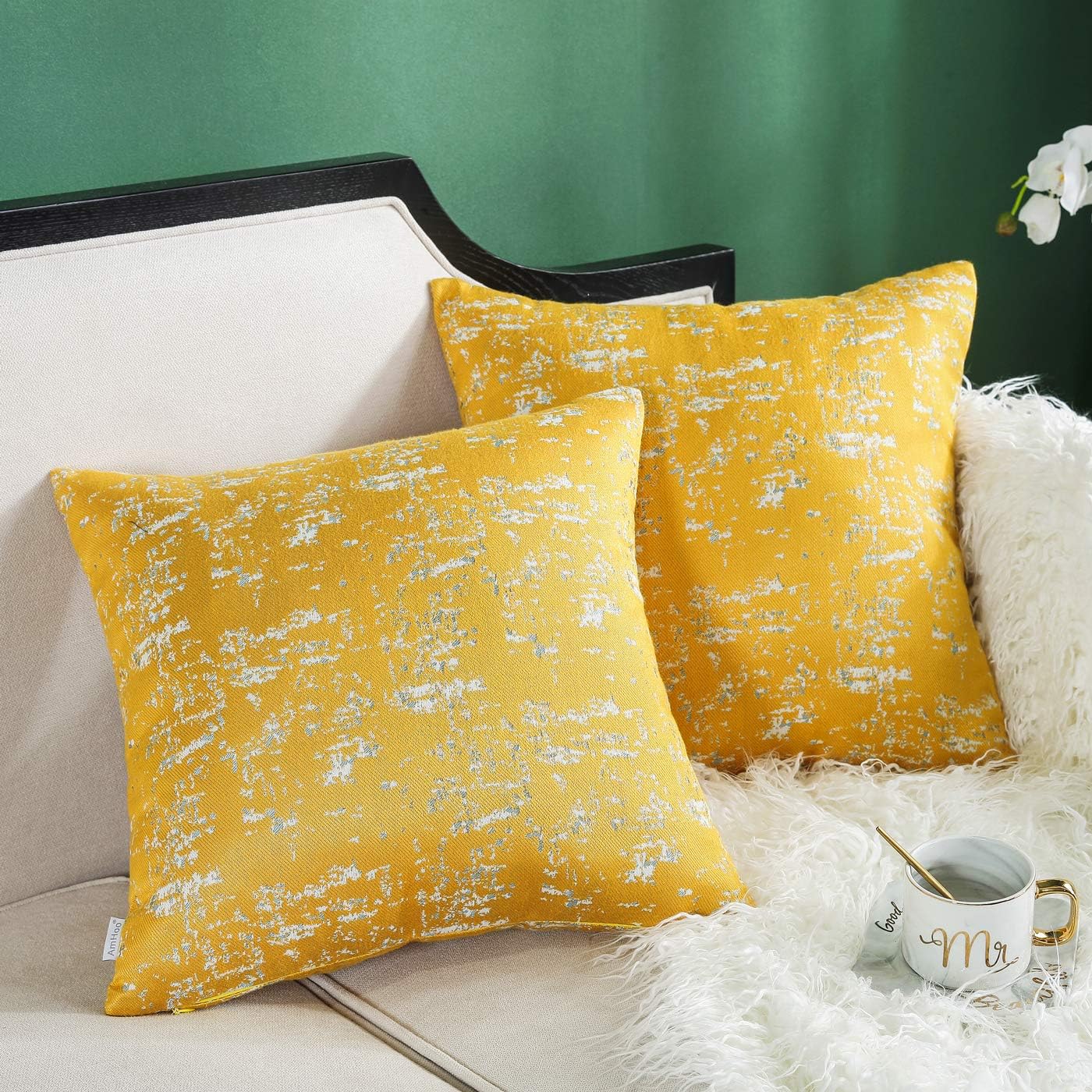 AmHoo Pack of 2 Abstract Textured Art Cotton Blend Throw Pillow Covers Double-Sided Jacquard Pillowcase Home Decorative Cushion Cover for Couch Sofa 18x18 Inch Mustard Yellow