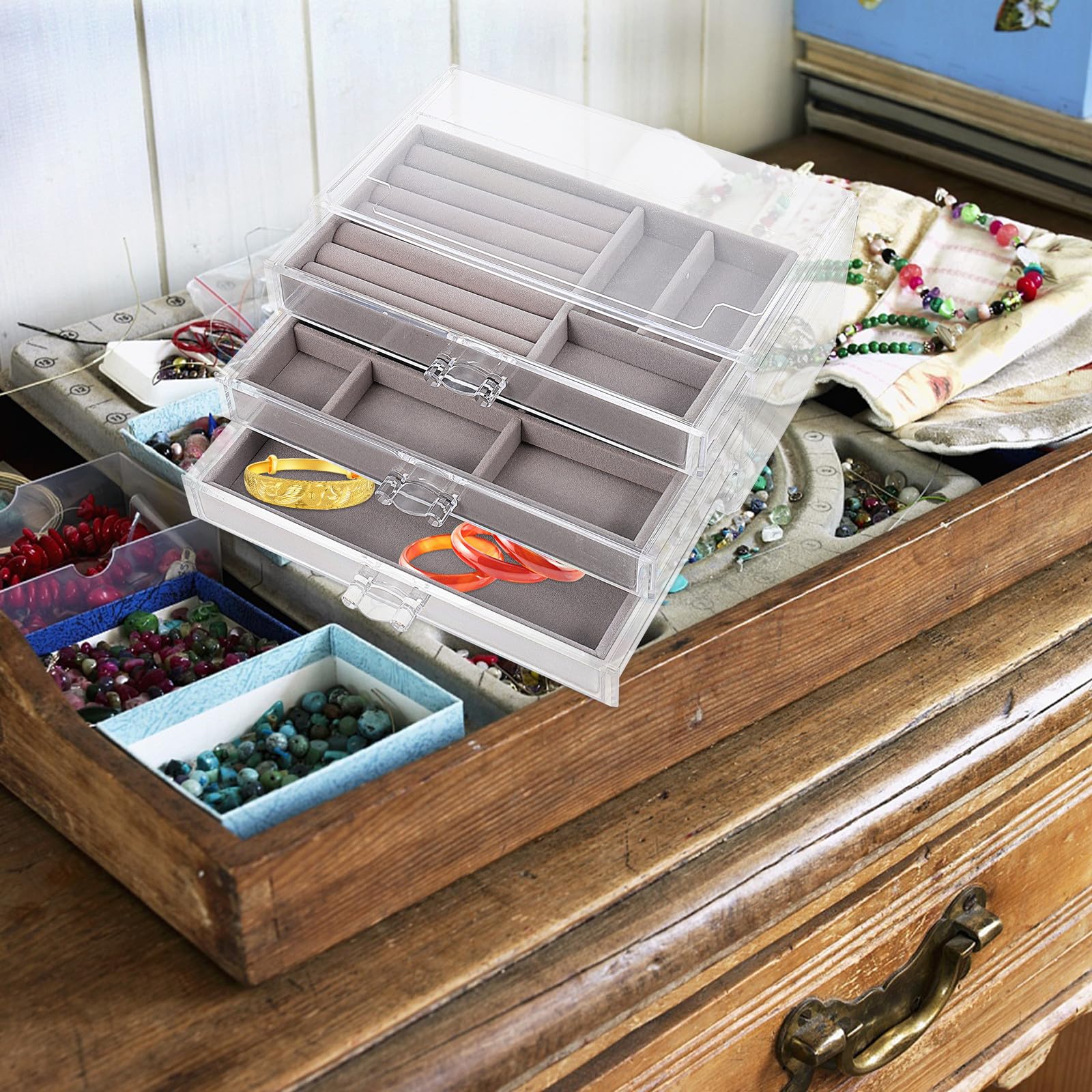 TOYANDONA Organizer Portaoggetti Tre Cassetti per Gioielli in Plastica Durevole, Contenitore Trasparente per Uso su Scrivania e Camera da Letto