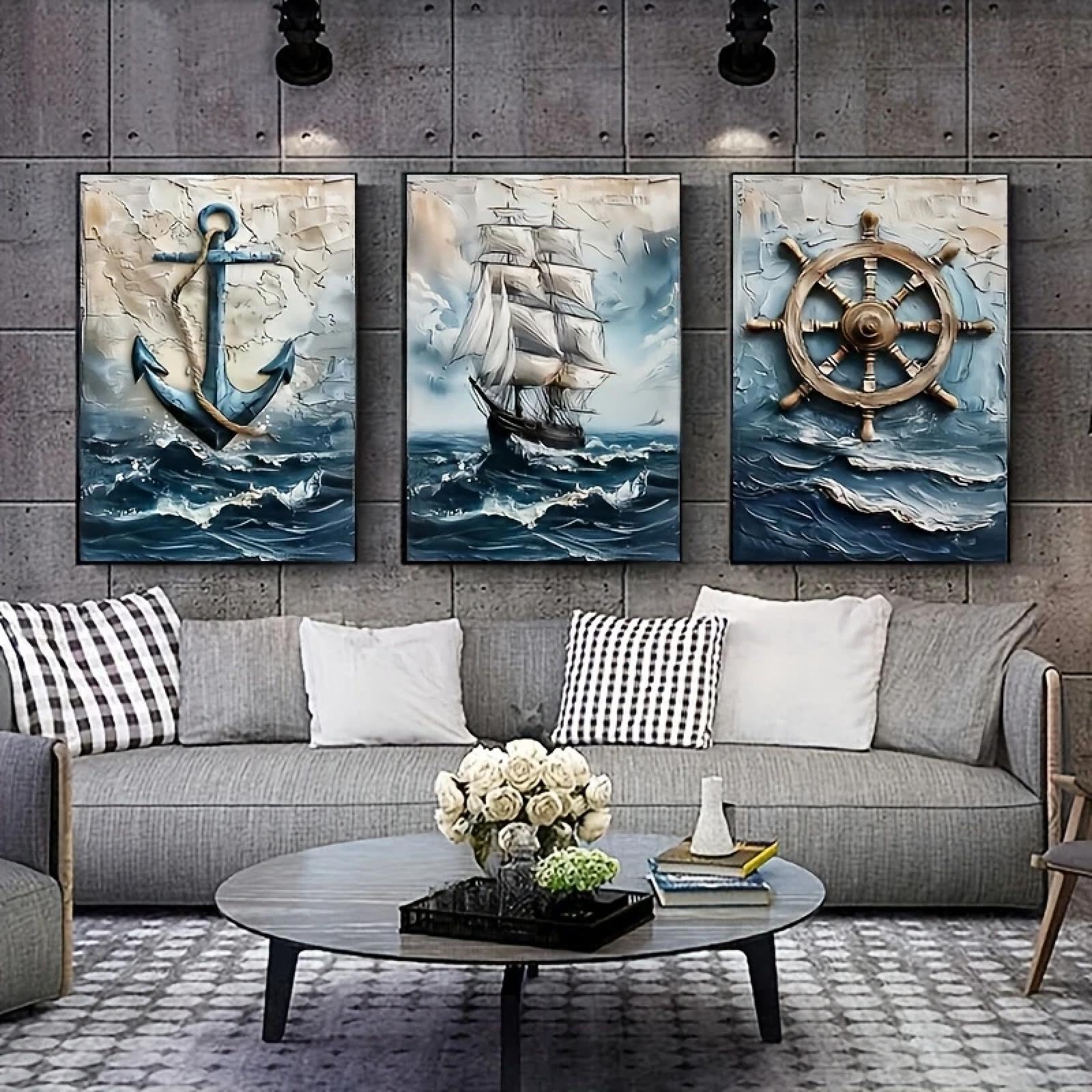 CHAOJIART Nautische Kunstdrucke auf Leinwand, moderne Wandgemälde mit Anker, Schiff, Steuerrad für Wohnzimmer, Retro-Poster mit maritimer Landschaft, 40 x 60 cm x 3 Innenrahmen