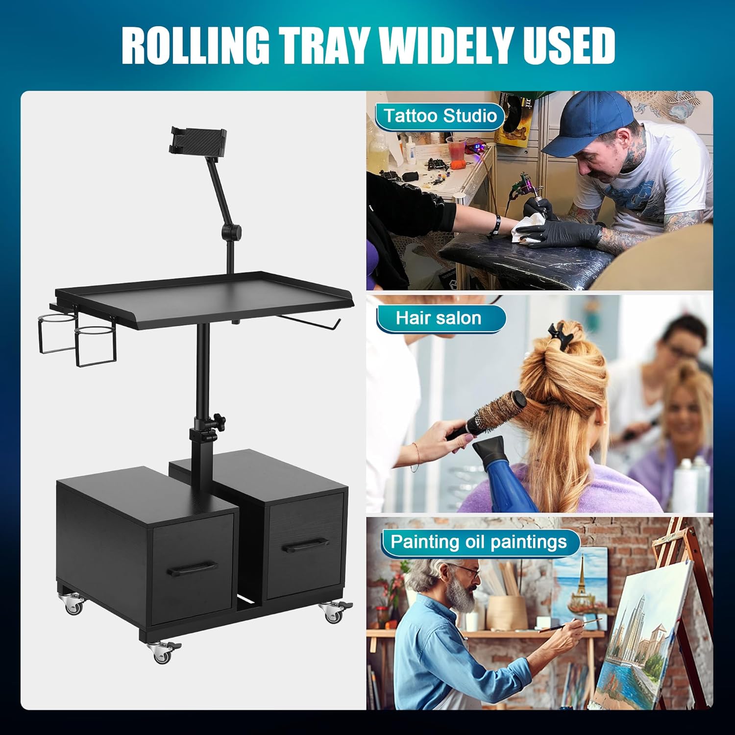 POARMEEY Tattoo Workstation Salon Trolley Cart and Storage Drawers with Wheels,Tattoo Tray Adjustable Height Storage Rolling Tray