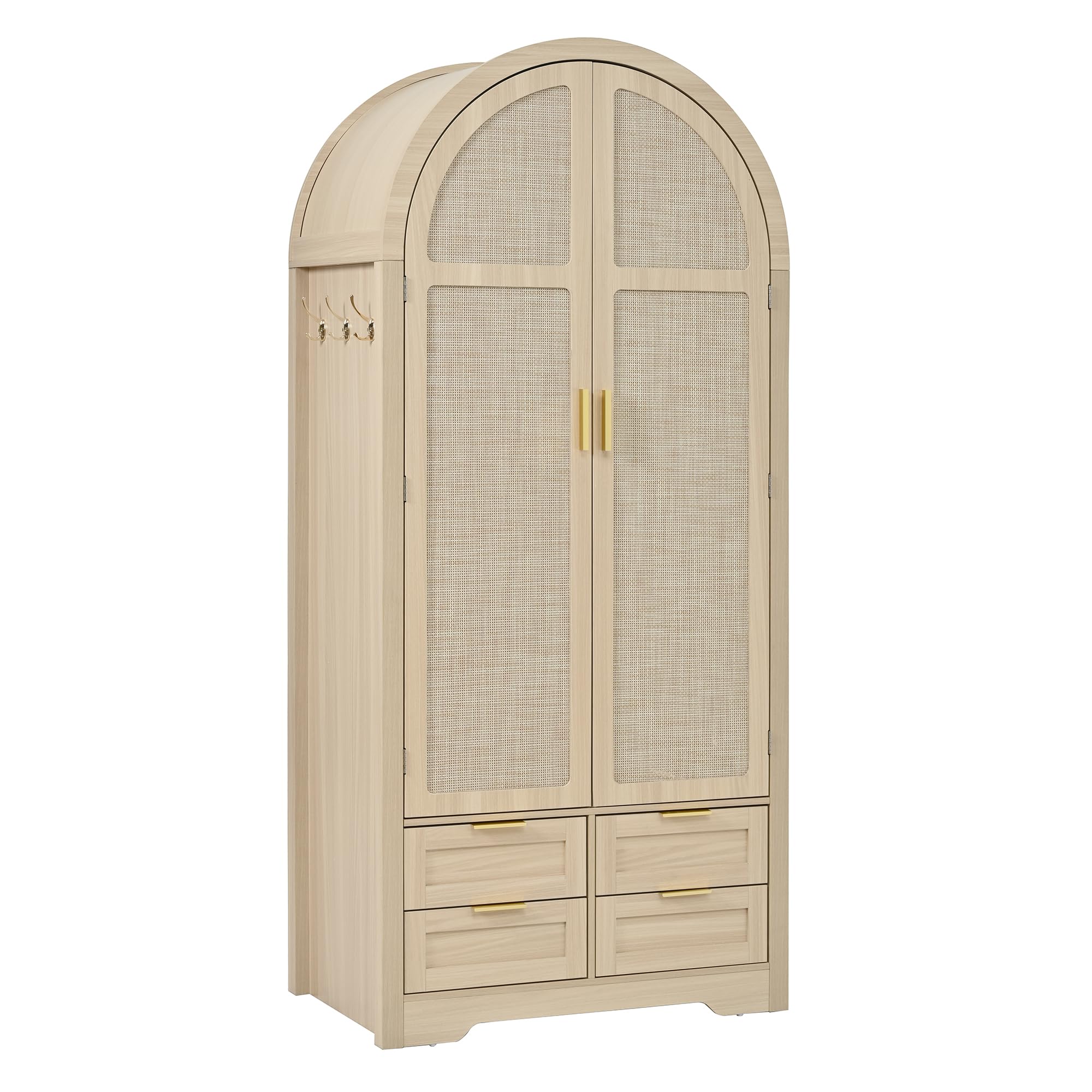 Azkoeesy Armadio moderno ad arco, ante effetto rattan, 4 cassetti, maniglie dorate, 80 x 50 x 179 cm, per camera da letto e corridoio (quercia)