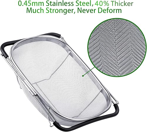 Miniatura 4 de Tiawudi Colador grande sobre el fregadero de 6 cuartos de galón, resistente 40% más grueso, acero inoxidable 18/8, cesta coladora de malla fina con