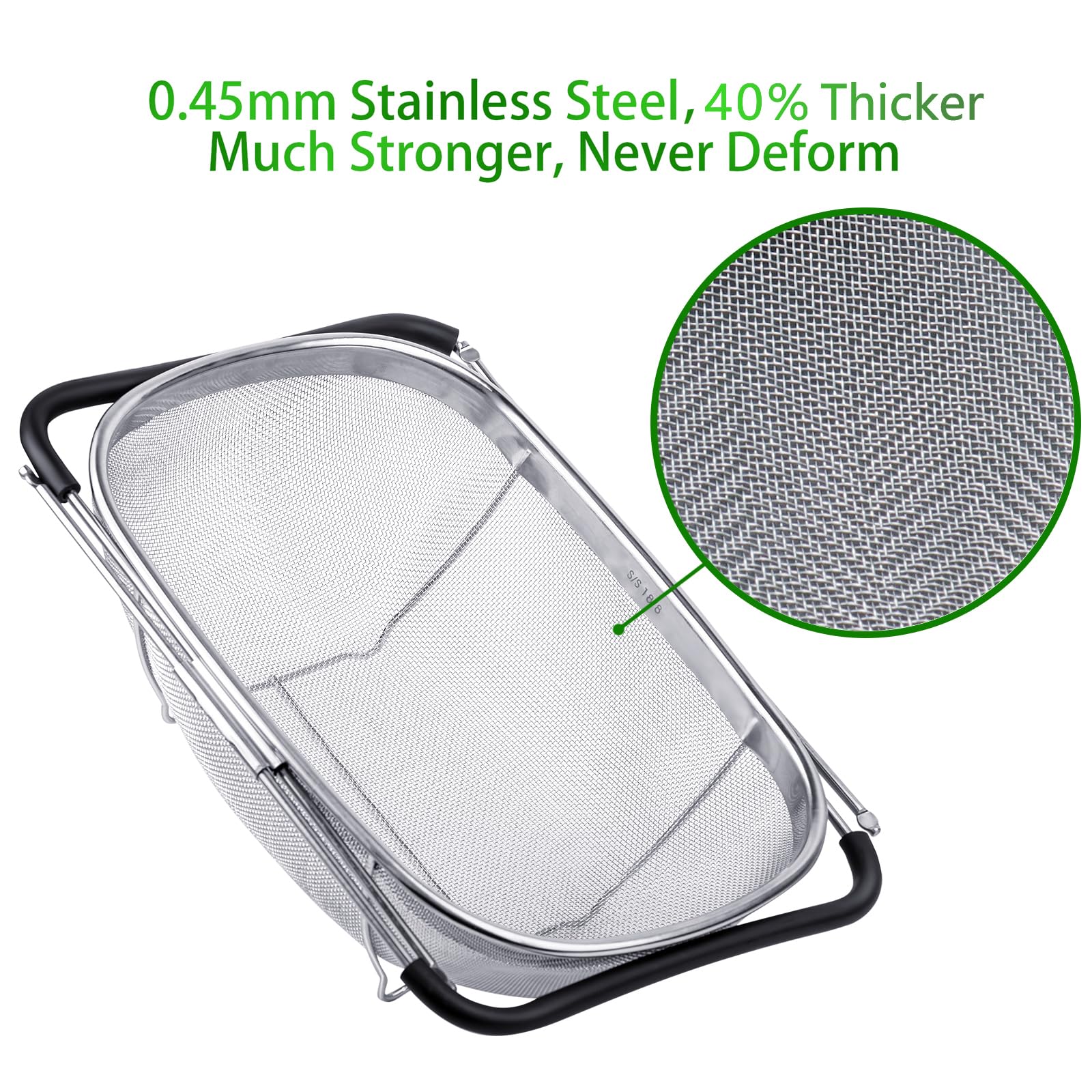 Tiawudi 6-Quart Large Over The Sink Colander, 18/8 Stainless Steel Fine Mesh Strainer Basket with Expandable Rubber Grip Handles - Strain, Drain, Rinse Fruits, Vegetables 2