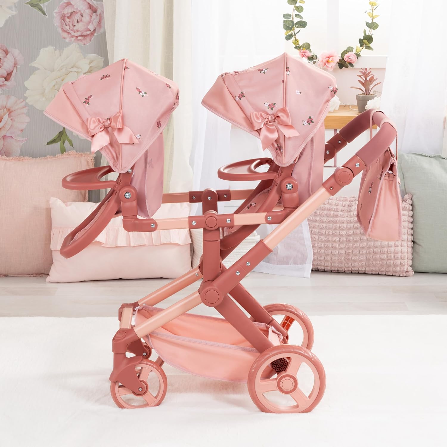 Bayer Design: Doll Pram Xeo Twin - Pink & Flowers - Play Push Stroller, 2 Adjustable Seats & Handle, Handbag, Toy Accessory Fits 18" Dolls, Kids 3+ | carriage pram double stroller with swivel front wheels, reversible handle, integrated basket, for boys and girls 3+ ages