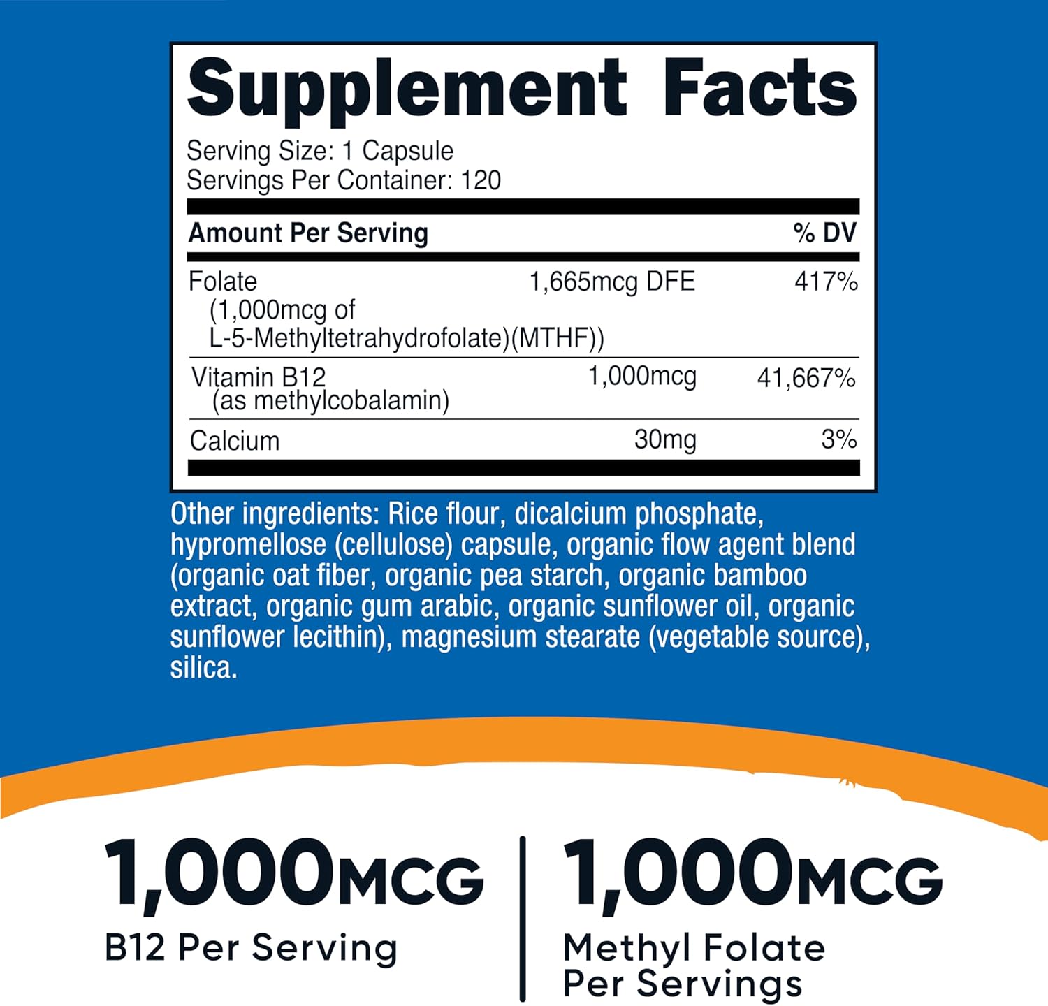 Nutricost Methylated Vitamin B12 + Folate Supplement (2,000 mcg) 120 Capsules - 1,000 mcg of Vitamin B12 + 1,000 mcg of Methyl Folate, Gluten-Free, 60 Servings - Image 2