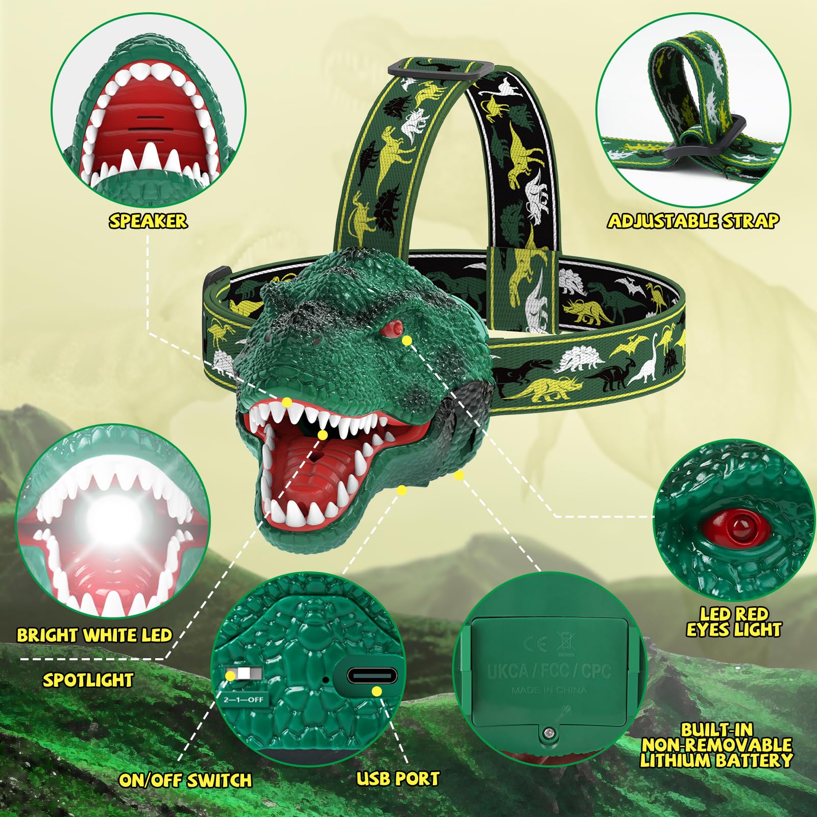 Dinosaur Headlamp for Kids - Rechargeable LED -2