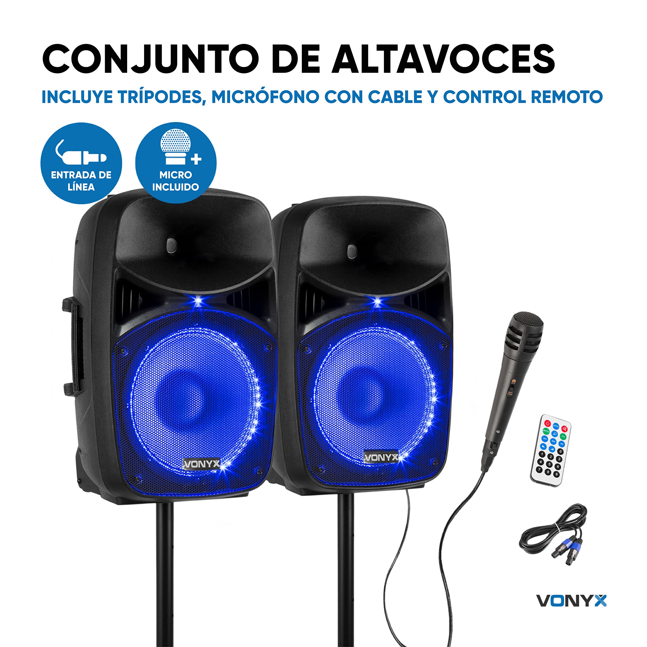 Vonyx VPS122A – Altavoz portatil Bluetooth Potente de 800W con 2 Altavoces 12", USB, Anillo LED en el Altavoz, trípodes y micrófono, Equipo de Sonido Profesional para DJ y Karaoke, Color Negro
