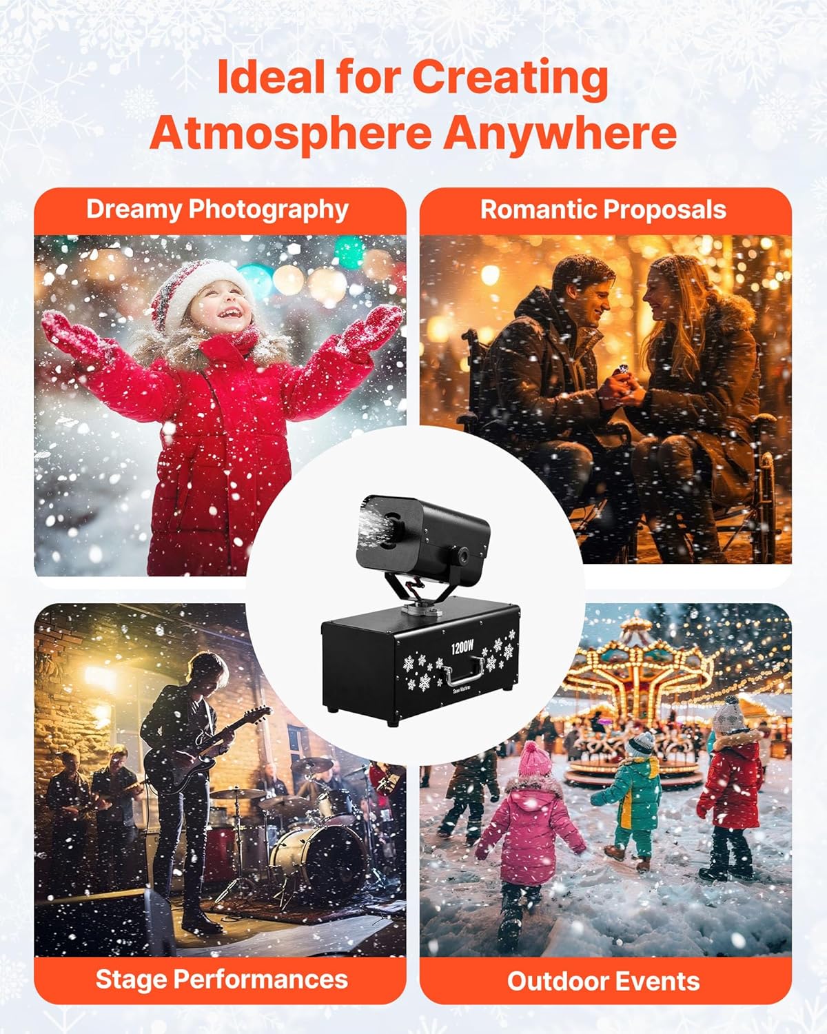 VEVOR Snow Machine, 1200W Powerful Fake Snow Maker with 90° Shaking Head, Wireless Remote Control, High Output Snowmaking Machine Coverage up to 12 ㎡ for Parade Christmas Wedding Party Stage Effect