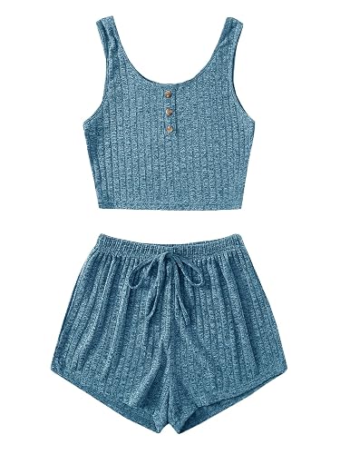 SOLY HUX Women's Button Front Ribbed Knit Tank Top and Shorts Pajama Set Sleepwear Lounge Sets - Small - Blue