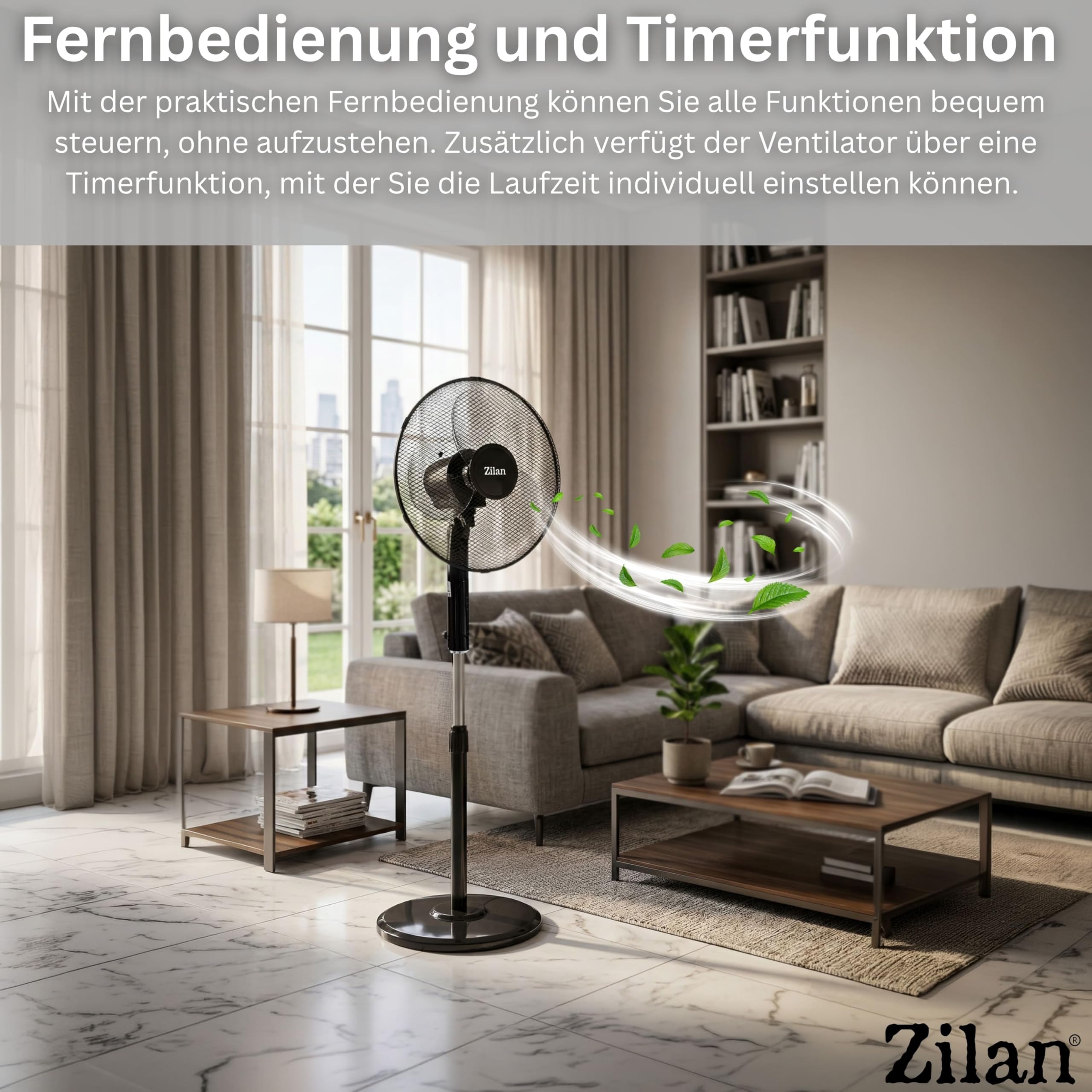 Zilan Standventilator 48W leise mit Fernbedienung Timer Ø43cm 3 Stufen Oszillation höhenverstellbar