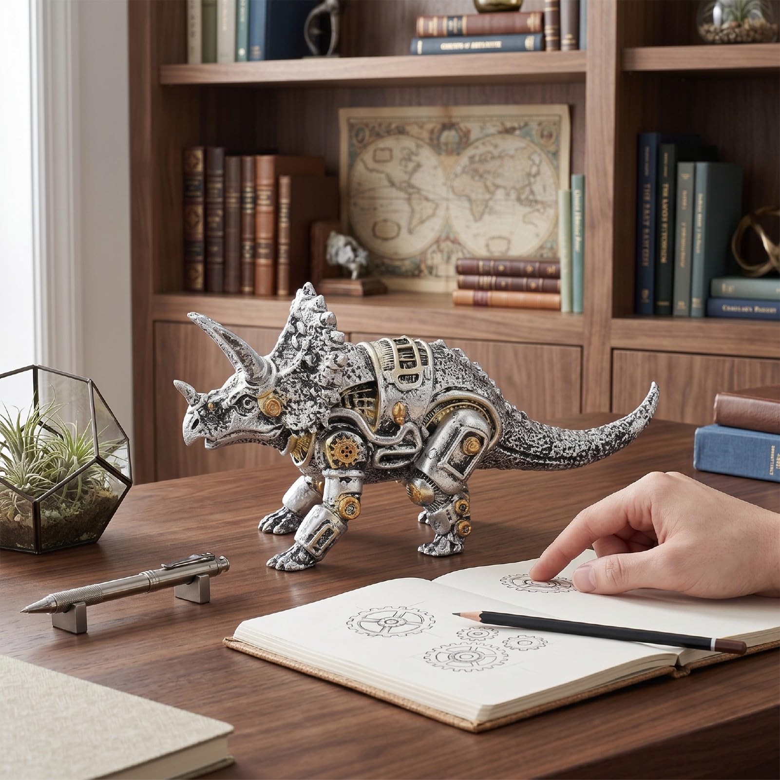 AUNMAS Steampunk Mechaniczny Robot Dinozaur Model z Żywicy Ręcznie Malowany Vintage Utleniony Ozdoba dla Fanów Vintage Maszyn i Kolekcji Steampunk (Mechaniczny Triceratops)
