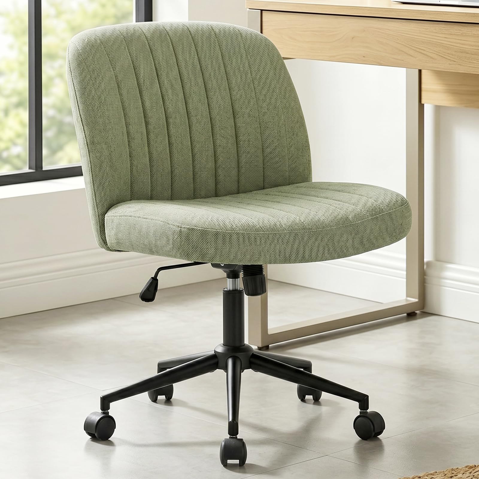 Wide Seat Cross Legged Office Chair,Armless Office Chairs with Wheels, Adjustable Height&Titlt Vanity Chairs Swivel Desk Chair,Ergonomic Mid Back Computer Chair for Bedroom Home Office (Grass Green)