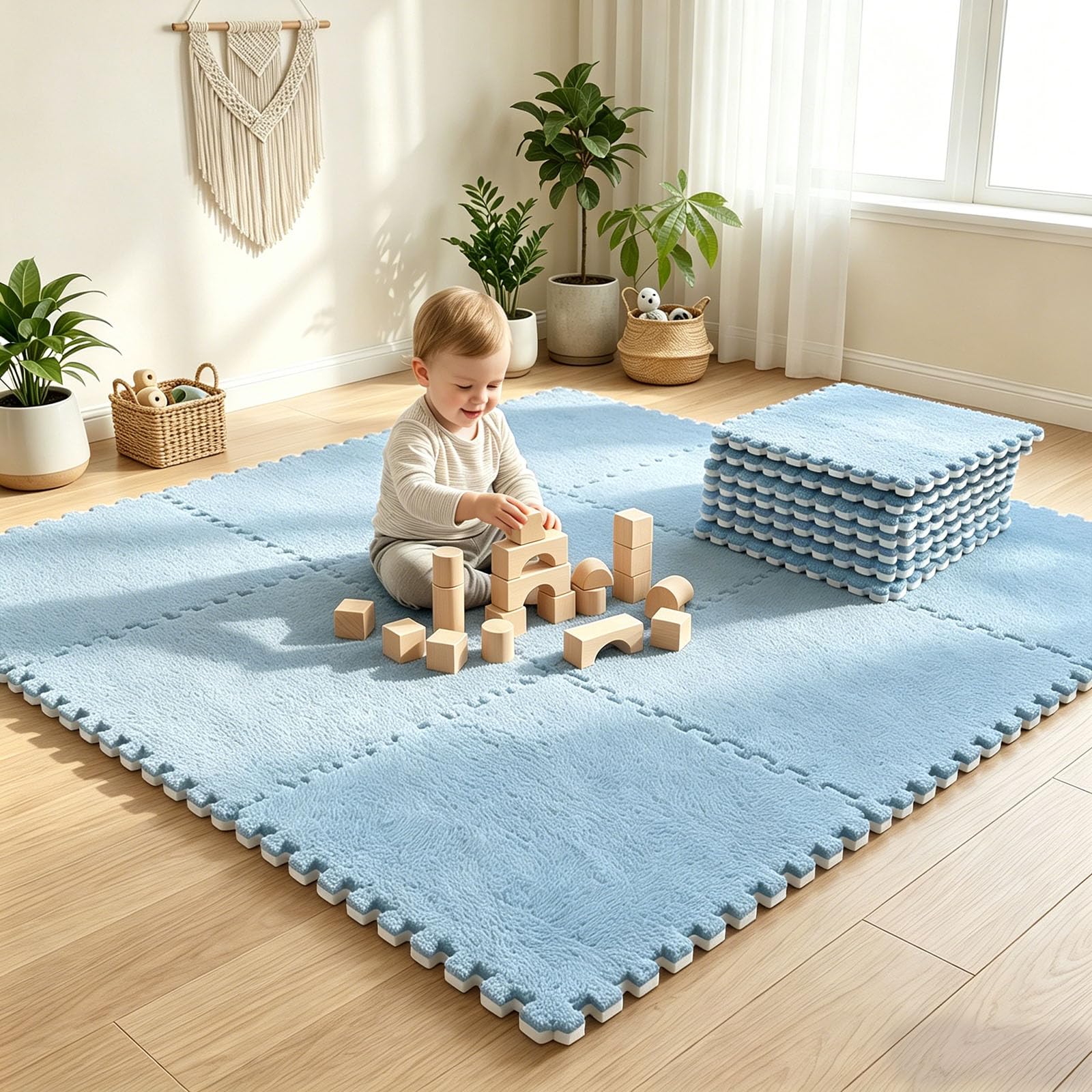 Lot de 12 tapis puzzle emboîtables en peluche, 30 x 30 cm, tapis puzzle en mousse, tapis de sol, tapis puzzle pour bébé, tapis de sol en mousse, pour salon, chambre à coucher, bleu ciel