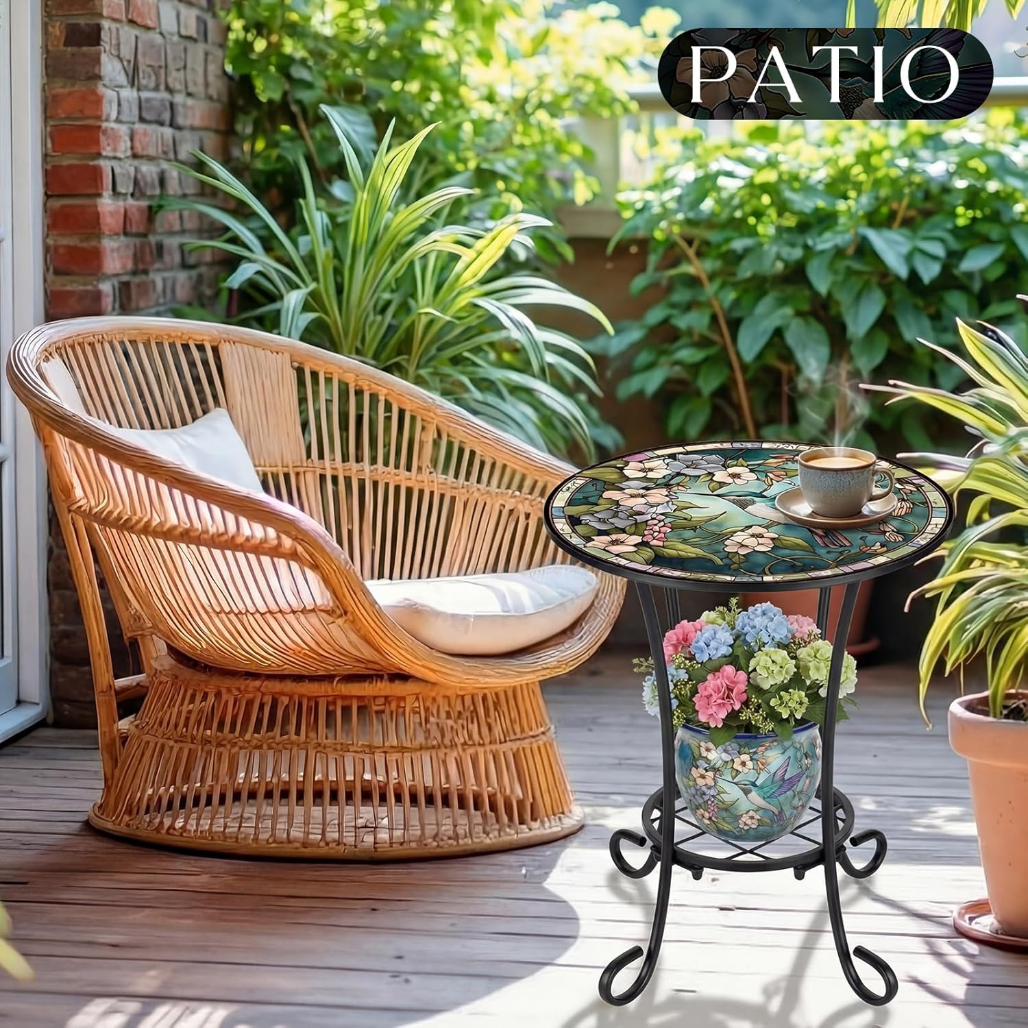 Cinnvoice Outdoor Side Table 2-Tier Round Small Mosaic Patio Accent Indoor End Plant Coffee Tea Table for Yard Patio Porch Garden Living Room, Bedroom(Hummingbird Style,14 Inch)