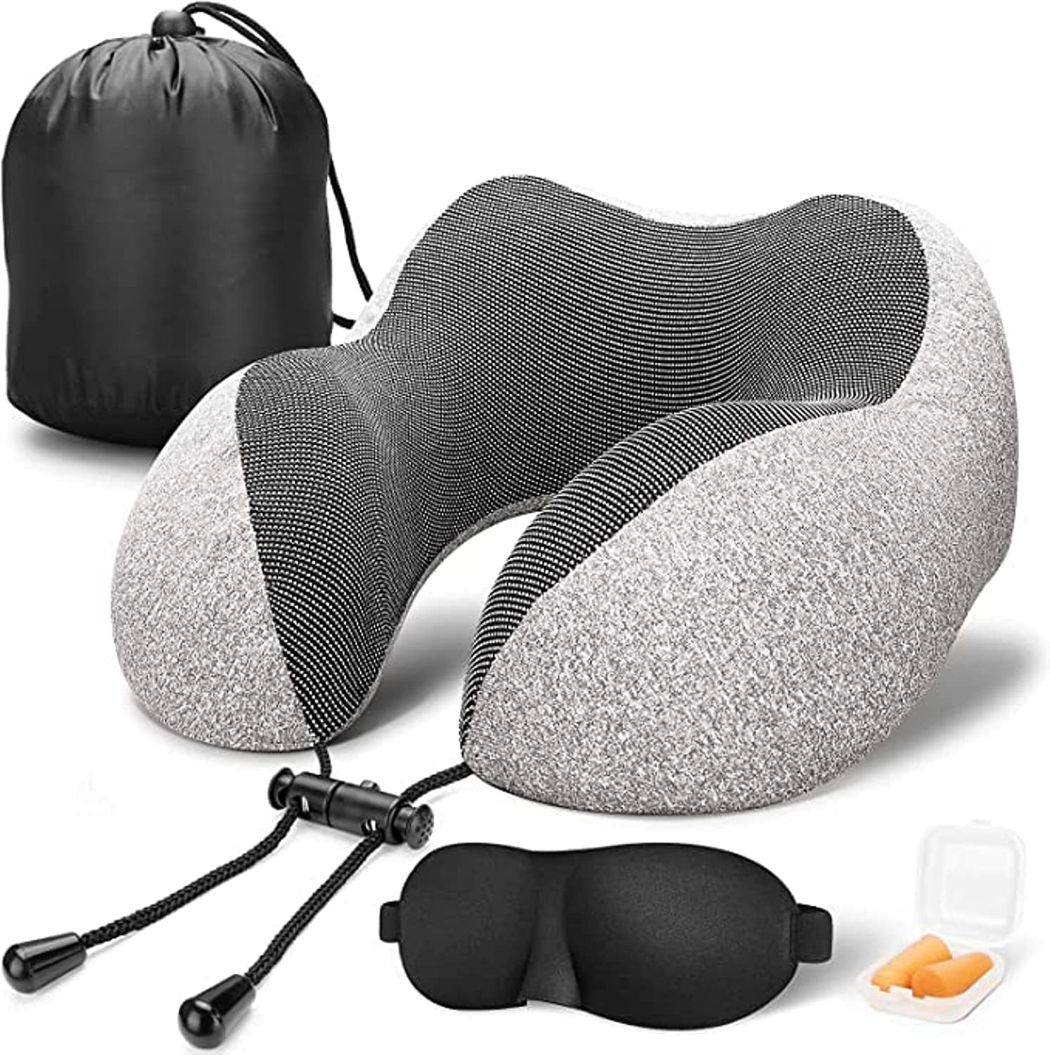 Memory Foam Travel Pillow – Ergonomic Neck Support for Airplane, Car & Train | Compact & Lightweight with Washable Cover & Carry Bag (Light Gray)