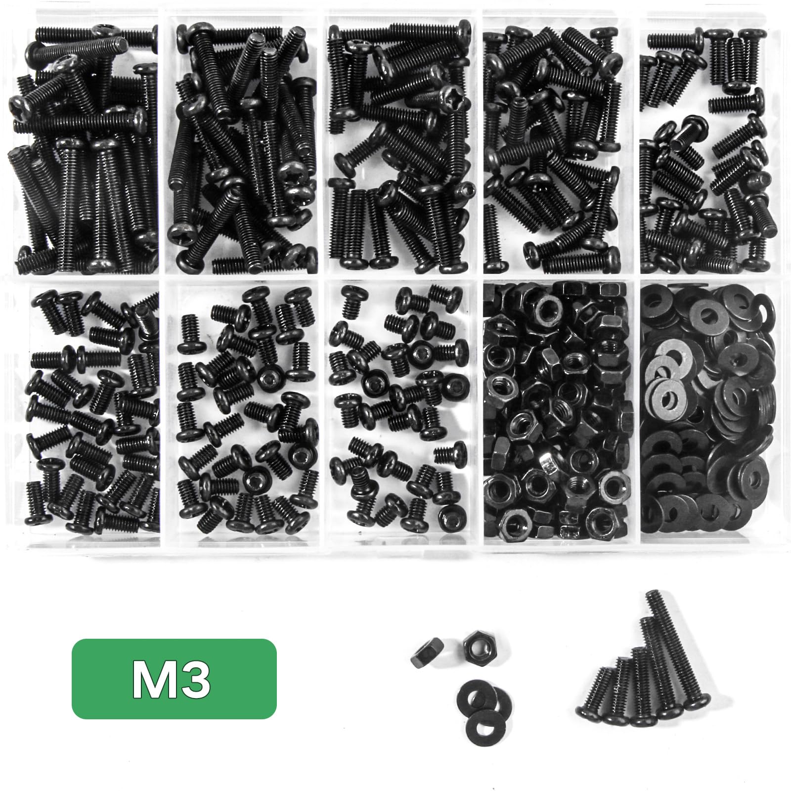 540-Piece M3 Machine Screw Assortment Kit – Black Pan Head Phillips Screws, Nuts & Washers, 8 Lengths 4-20mm