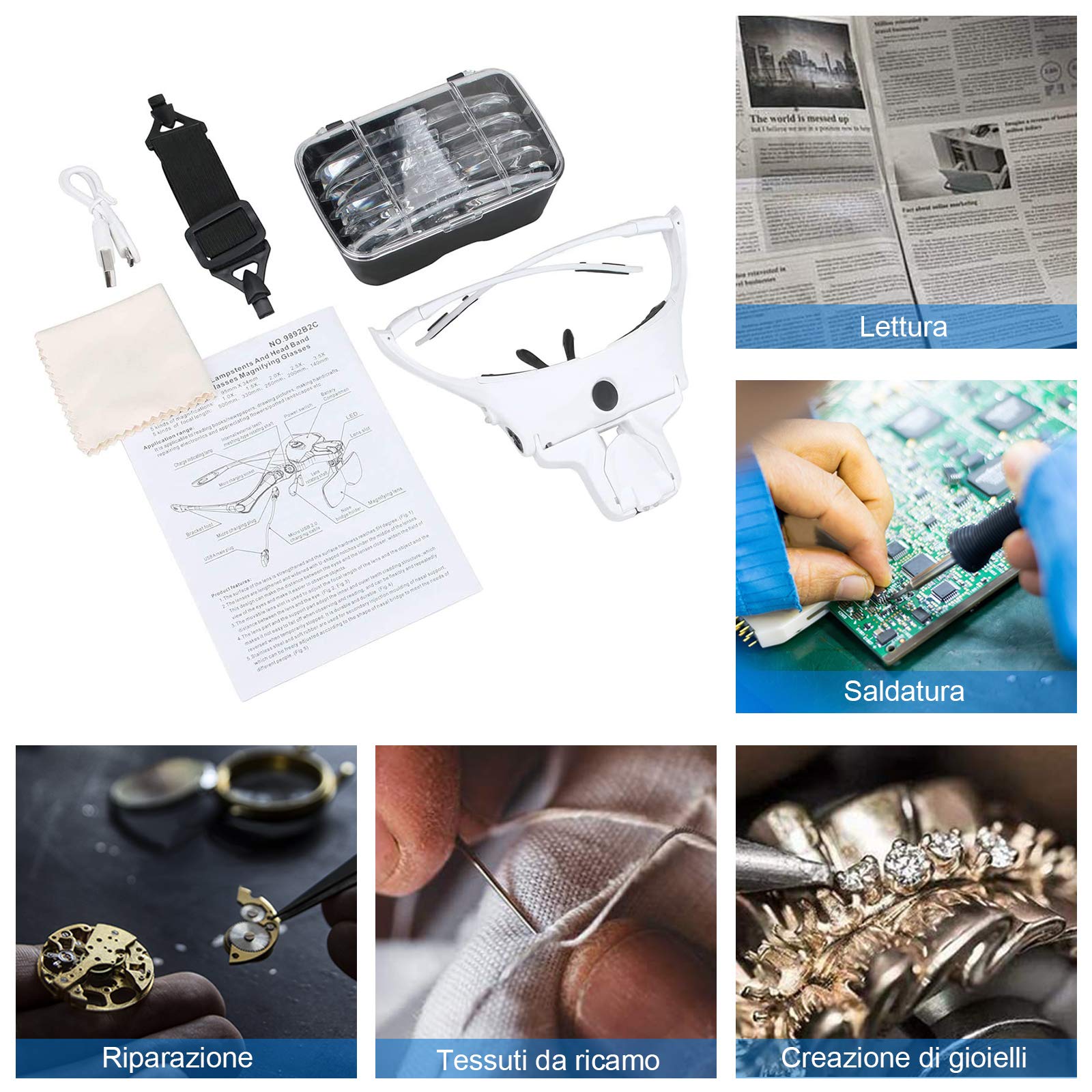 Lente Ingrandimento con Luce, Occhiali Ingrandimento Professionali per Modellismo,Riparazione Orologi,Dentista,Lavori di Miniatura - 5 Lenti Intercambiabili 1.0X, 1.5X, 2.0X, 2.5X, 3.5X