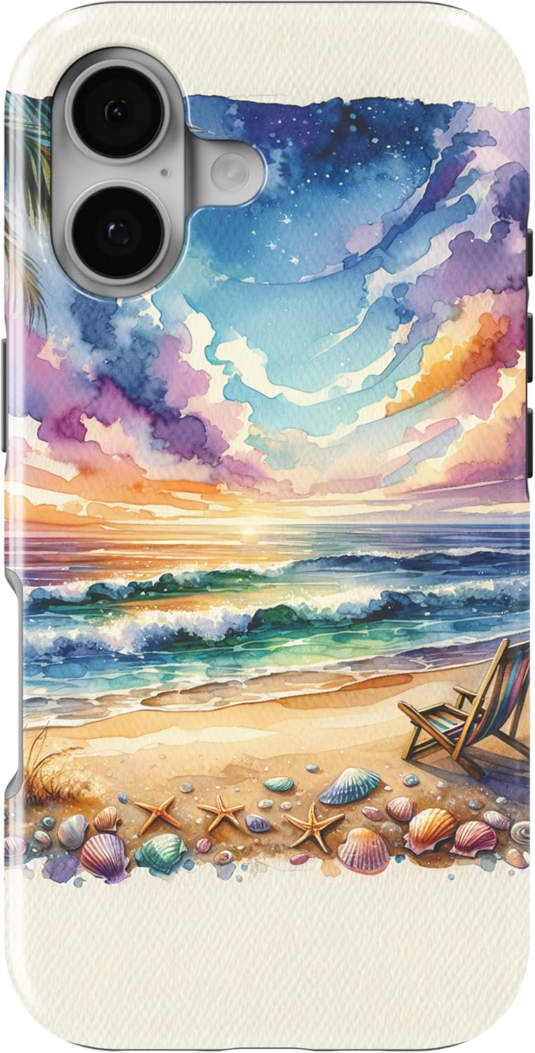 DistinctInk Tough Case for Apple iPhone 15 (6.1" Screen), Compatible with MagSafe Charging - Tranquil Sunset Beach with Palm Tree Black