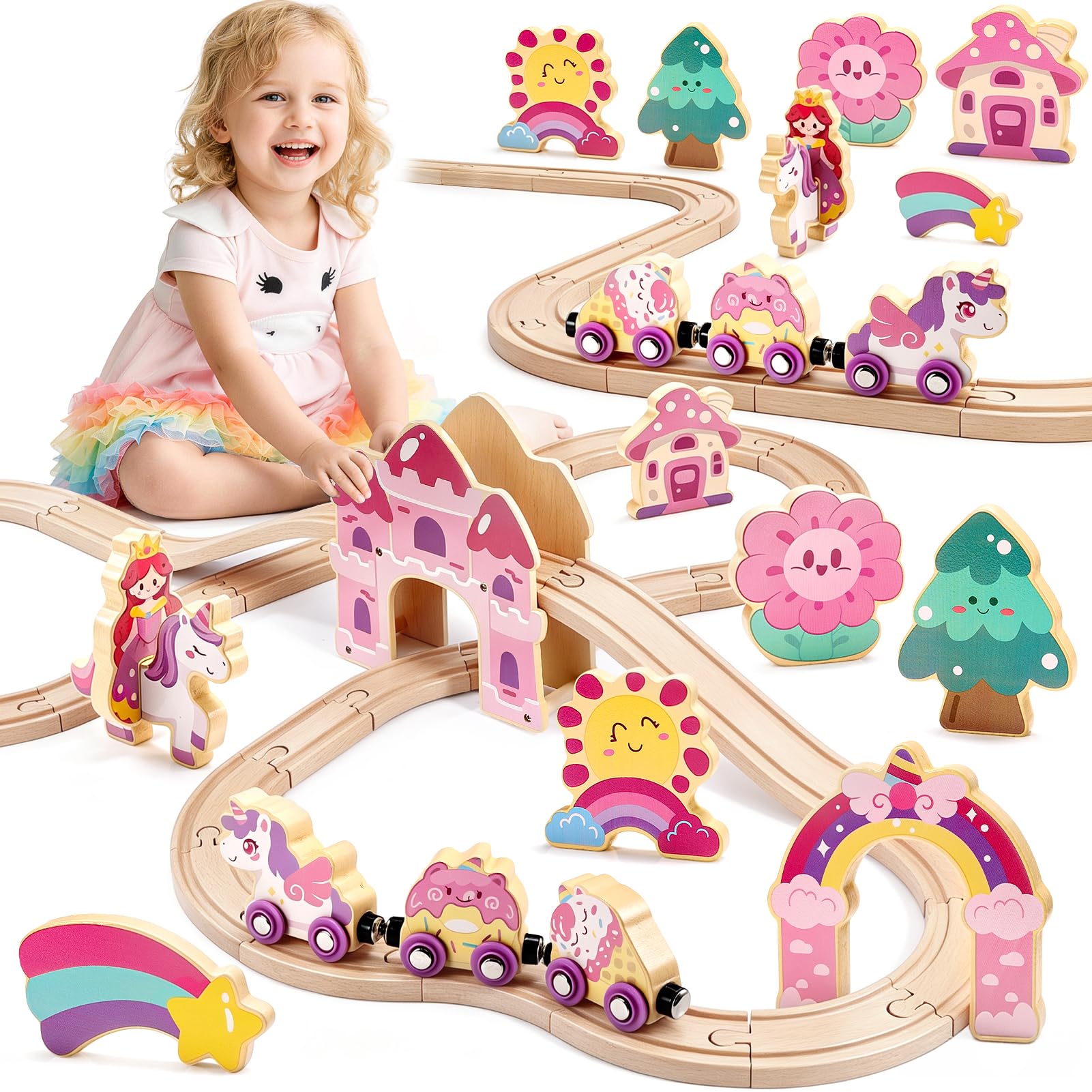 WootoyCar Toddler Toys for 2 3 4 Year Old Girls, Wooden Train Set for Girls Toys Age 2 3 4 5 Unicorn Gifts for 2-6 Year Olds Girls Boys Unicorn Train Track Wooden Toys for Girls Race Tracks Car 32PCS