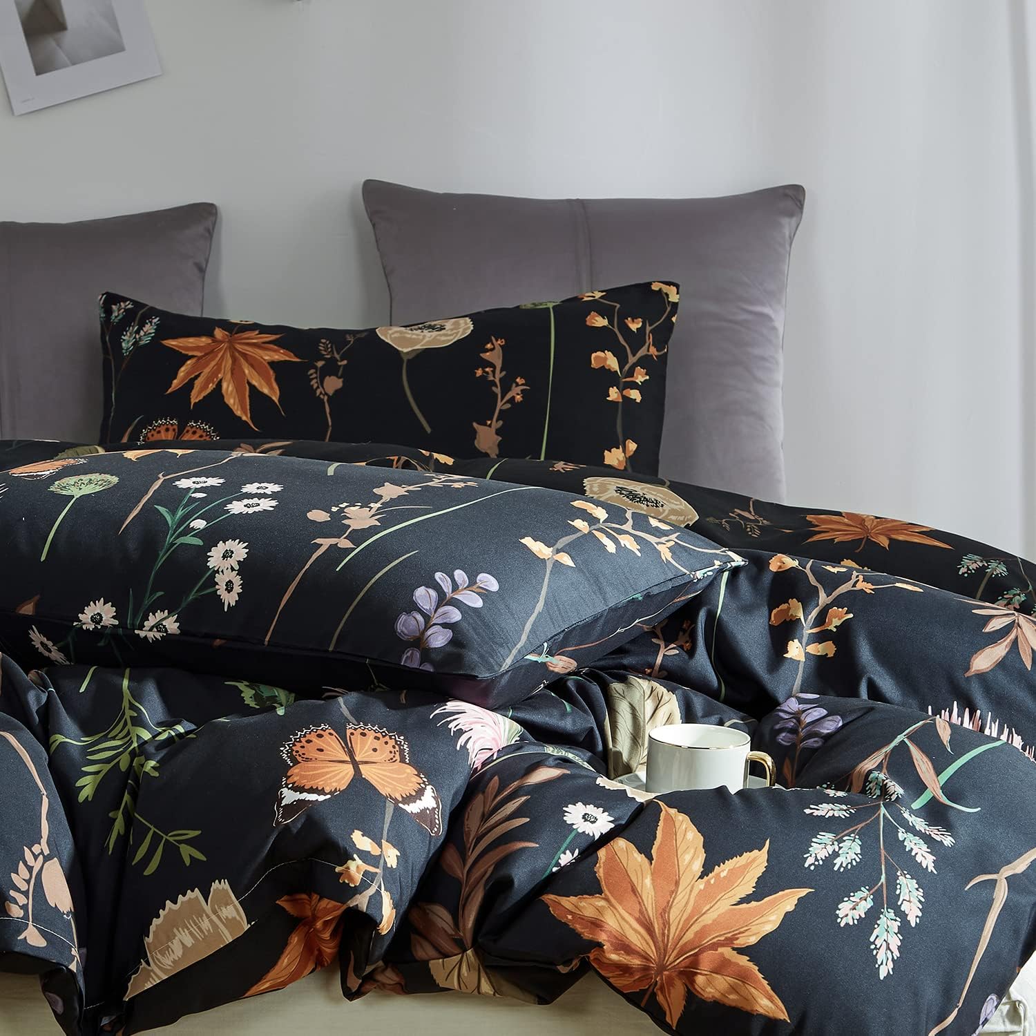 Floral Duvet Cover Set Queen, 3 Pcs Soft Microfiber Black Duvet Cover with Pink Floral Colorful Botanical Yellow Butterfly 3D Printed Comforter Cover with Zipper Ties (No Comforter)